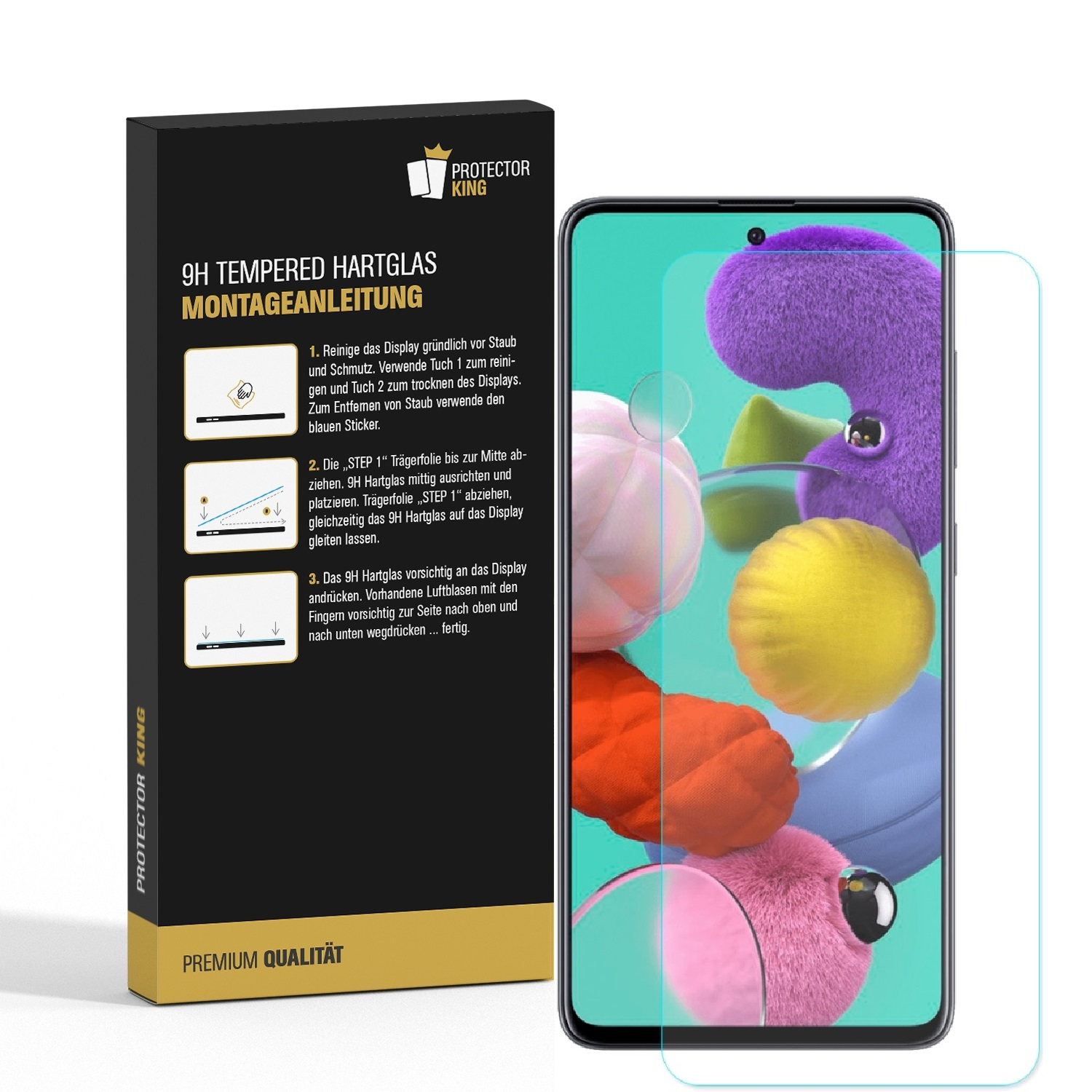 Ein Telefon mit Displayschutzfolie und Box. Text auf der Box: '9H TEMPERED HARTGLAS MONTAGEANLEITUNG'.
