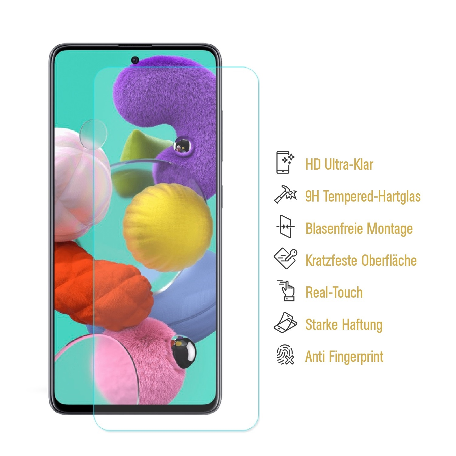 Ein Telefon mit Displayschutzfolie und bunte Objekte sind sichtbar. Der Schutz hat Funktionen auf der rechten Seite.