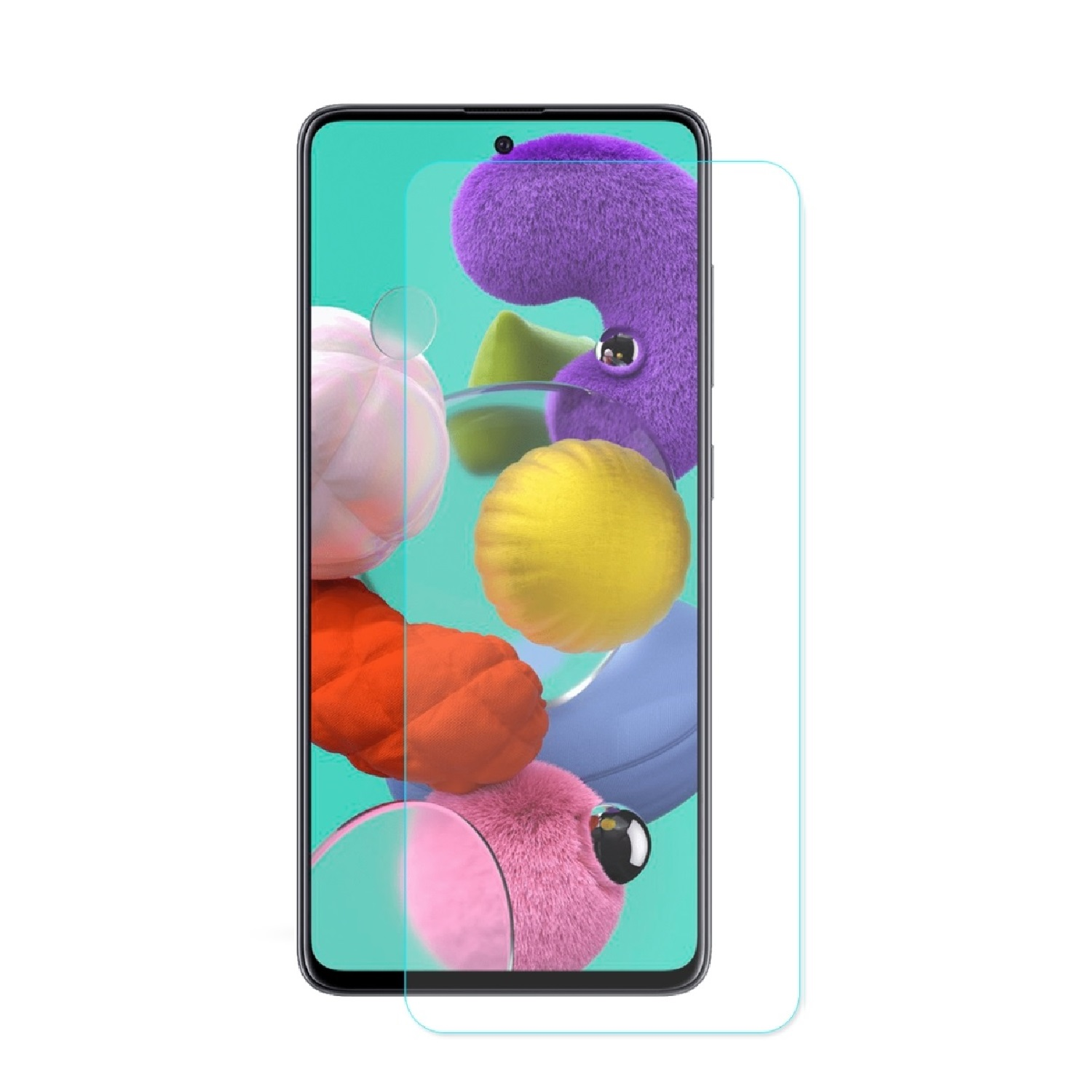 Smartphone mit angebrachter Displayschutzfolie, die bunte abstrakte Formen zeigt.
