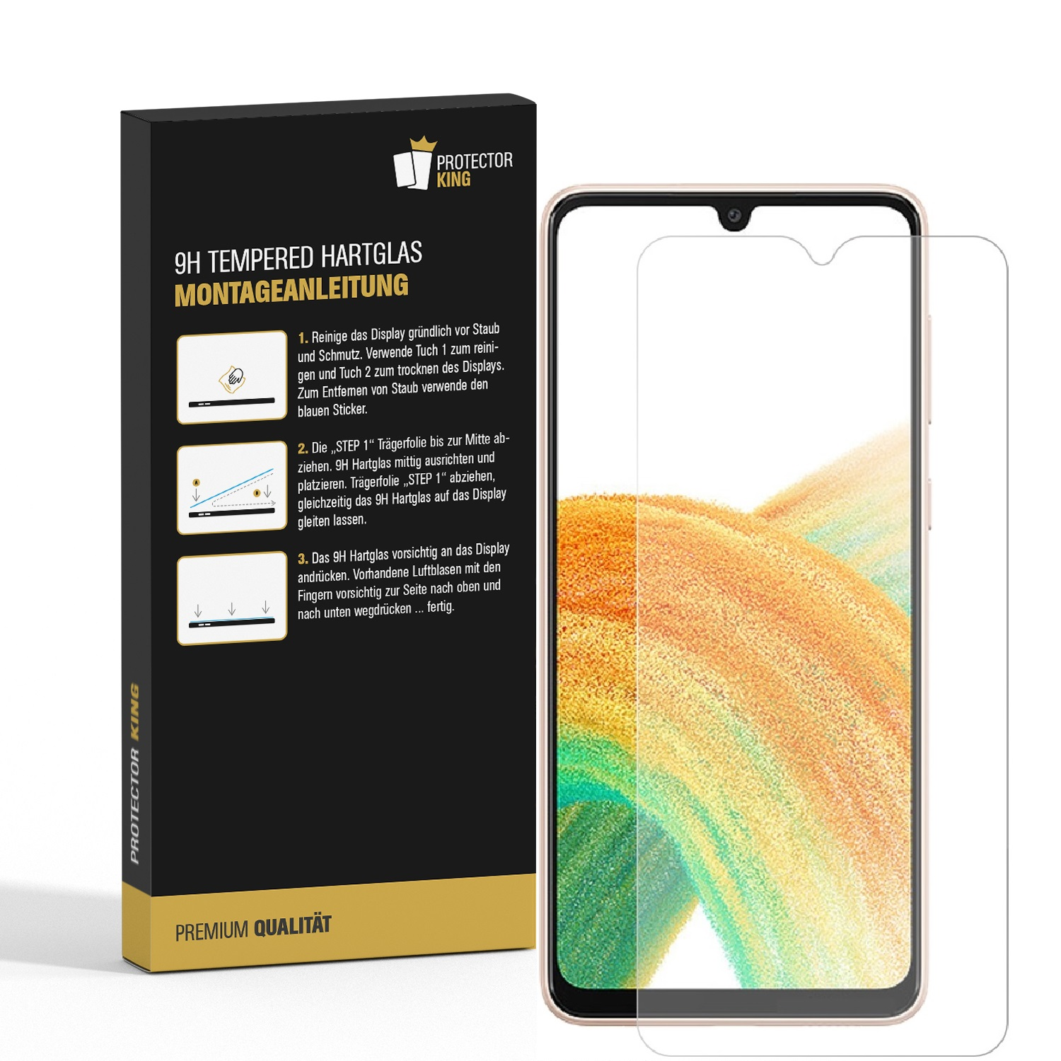 Displayschutzfolie aus gehärtetem Glas für ein Telefon. Verpackung mit Anweisungen neben dem Telefon.
