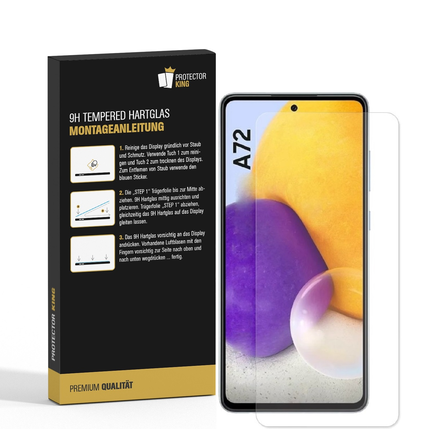 Displayschutzfolie mit Anleitung, Telefon rechts.