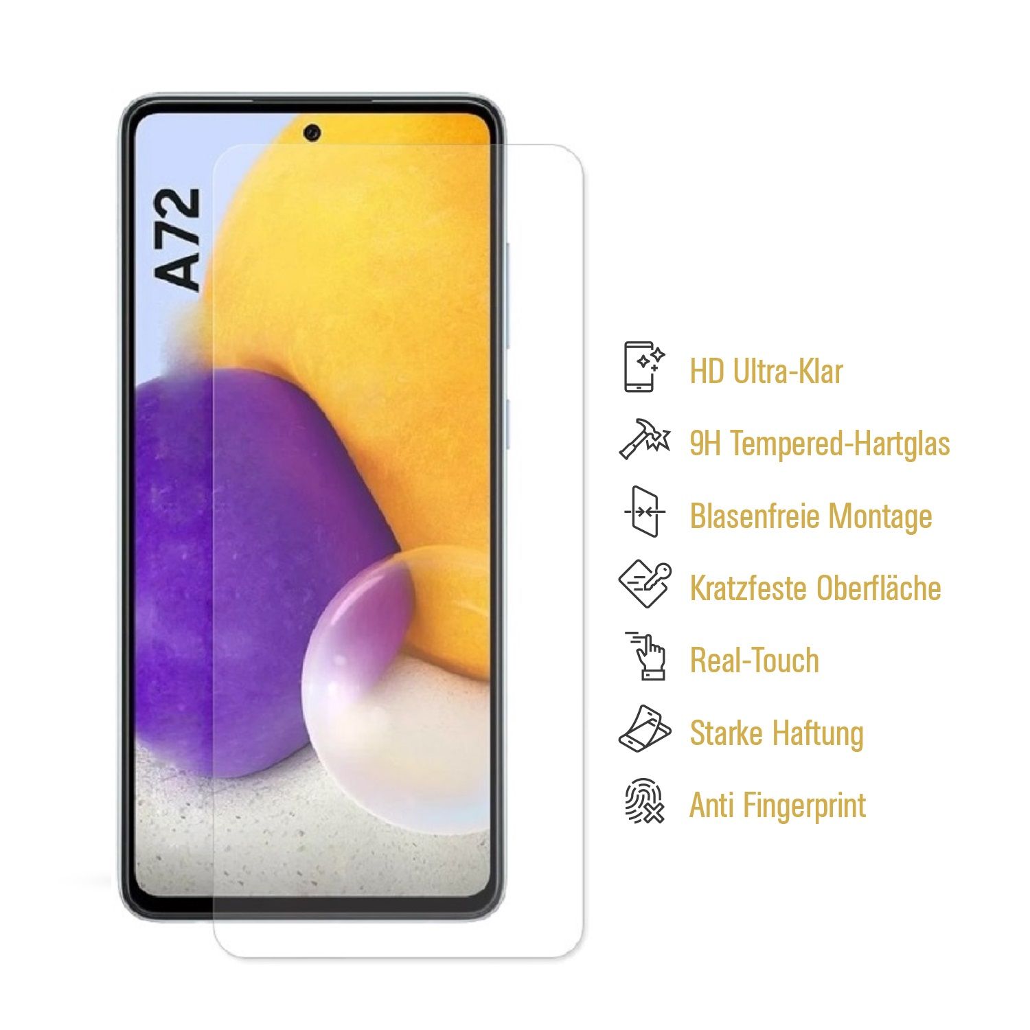 Smartphone mit Displayschutz. Merkmale: HD-Klarheit und Kratzfestigkeit.