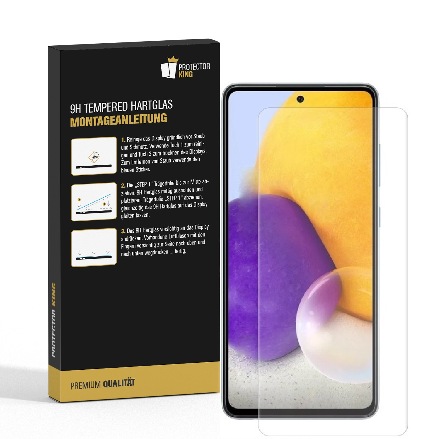 Eine Displayschutzfolie für Telefone und ihre Installationsanleitung.