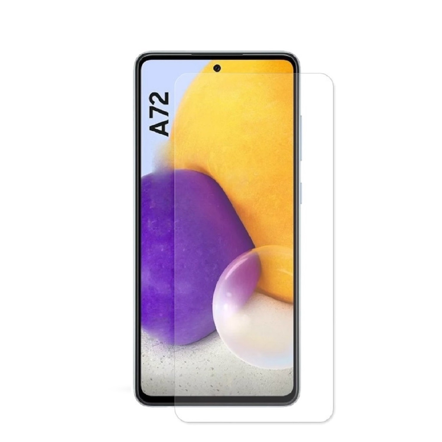 Ein Displayschutz auf einem Smartphone, mit bunten, unscharfen Formen dahinter. A72-Etikett.