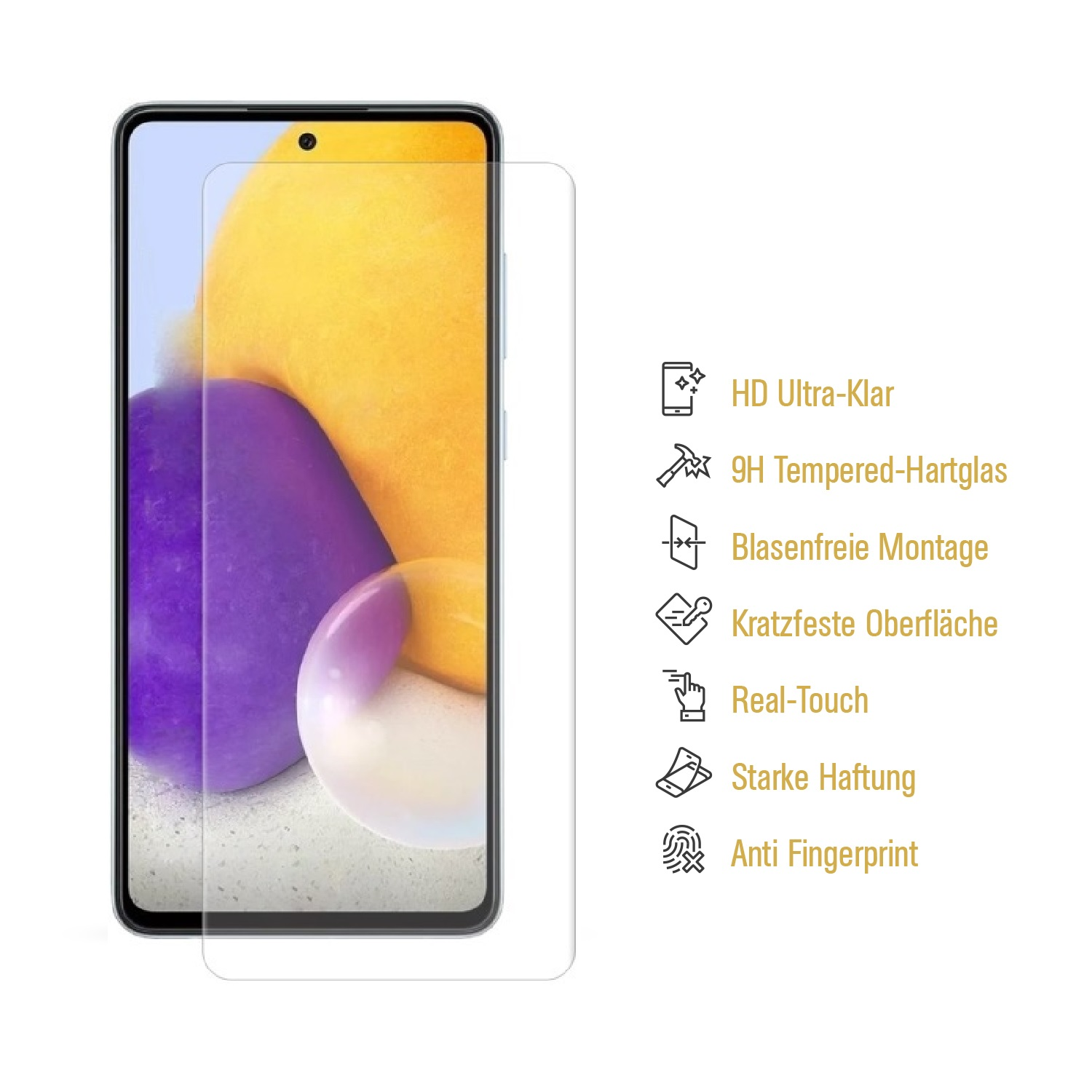 Ein Smartphone mit Displayschutz. Text zeigt Funktionen: HD Ultra-Klar, 9H Hartglas und mehr.