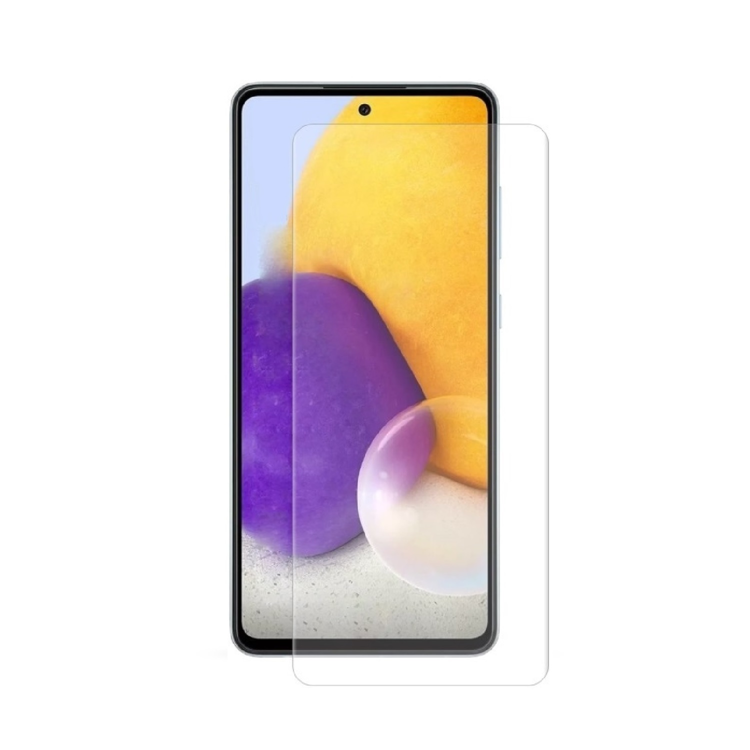 Ein Telefon mit einem Displayschutz darauf, mit einem bunten Hintergrund.