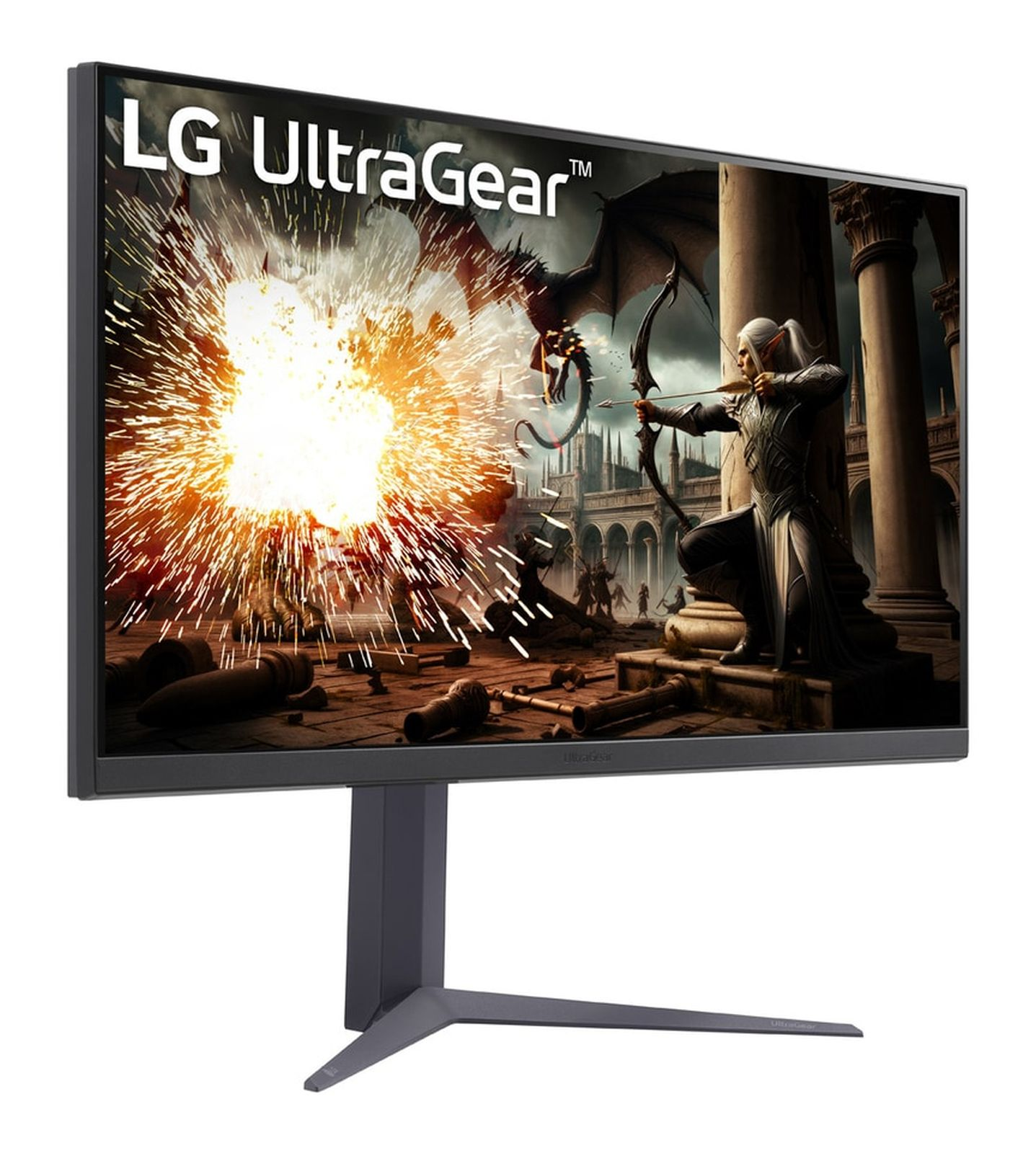 Monitor LG UltraGear wyświetlający scenę fantasy ze smokiem i łucznikiem.