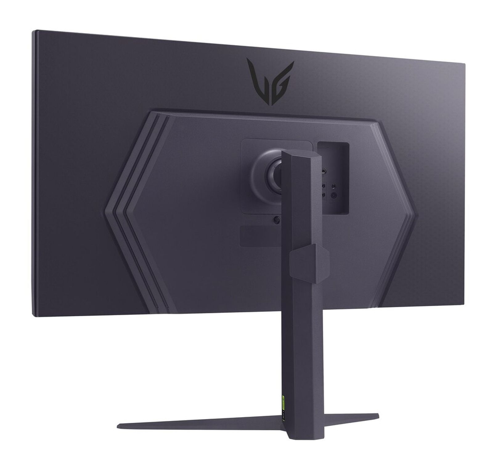 Tył czarnego monitora, pokazujący porty i stojak, logo LG na górze.