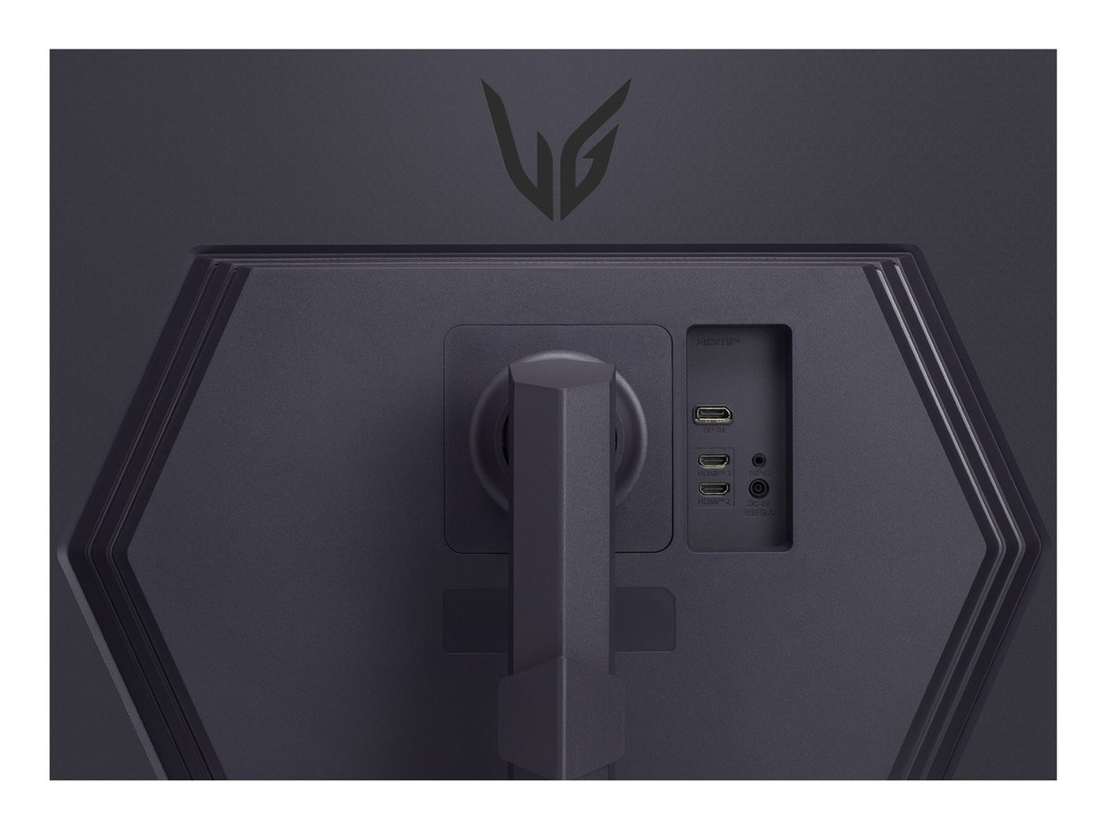 Tył monitora LG z widocznymi portami. Logo LG u góry. Kolory czarny i szary.