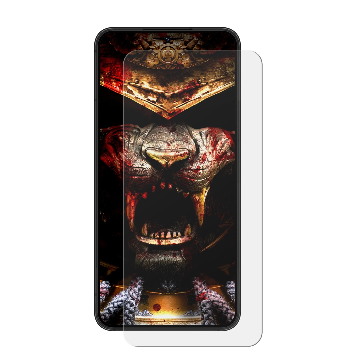 Smartphone-Bildschirm mit einem Samurai-Krieger-Bild und einem Displayschutz. Das Bild enthält Blut und eine Maske.