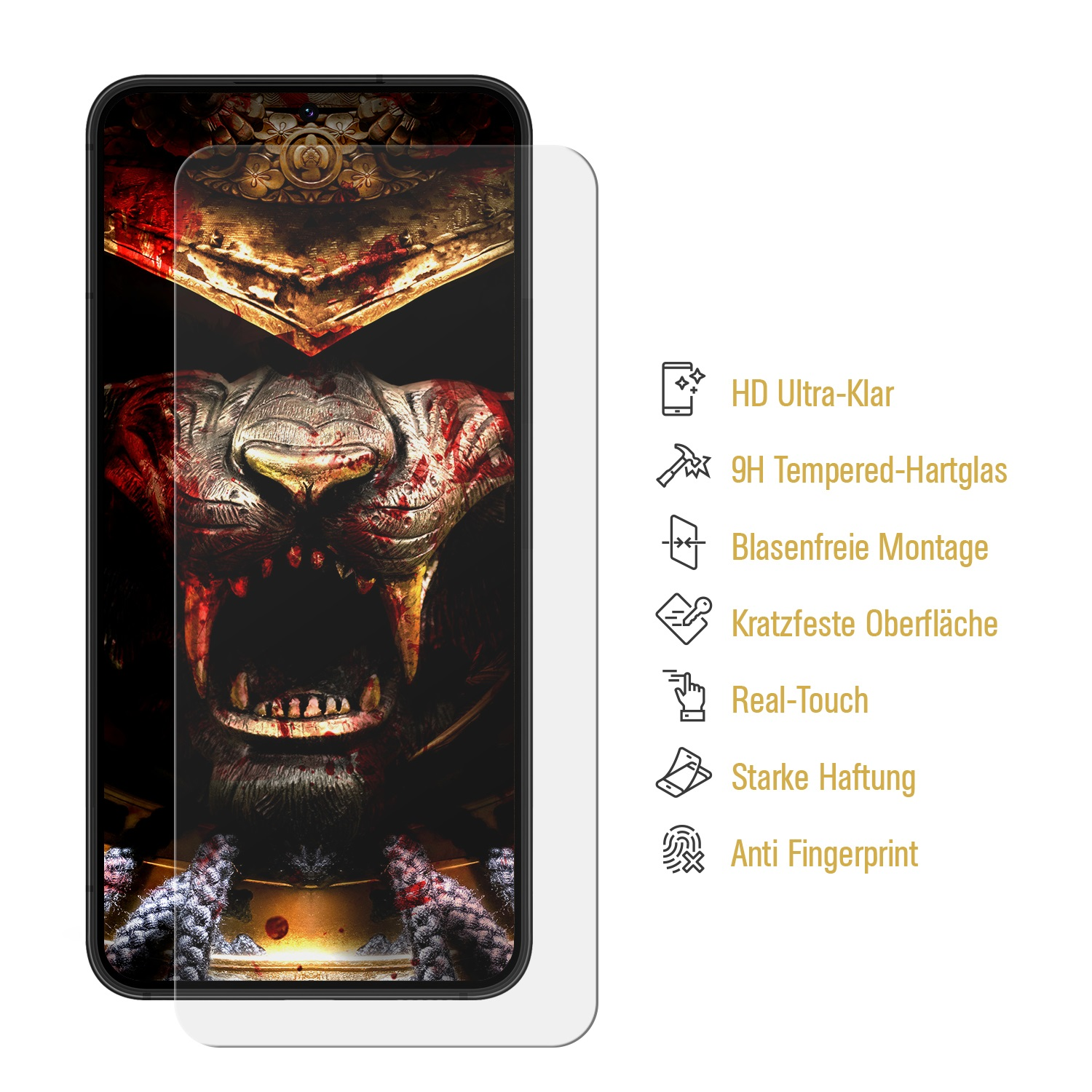 Telefon mit Displayschutz. Kriegermaske auf dem Display. Eigenschaften aufgelistet, klares Display.