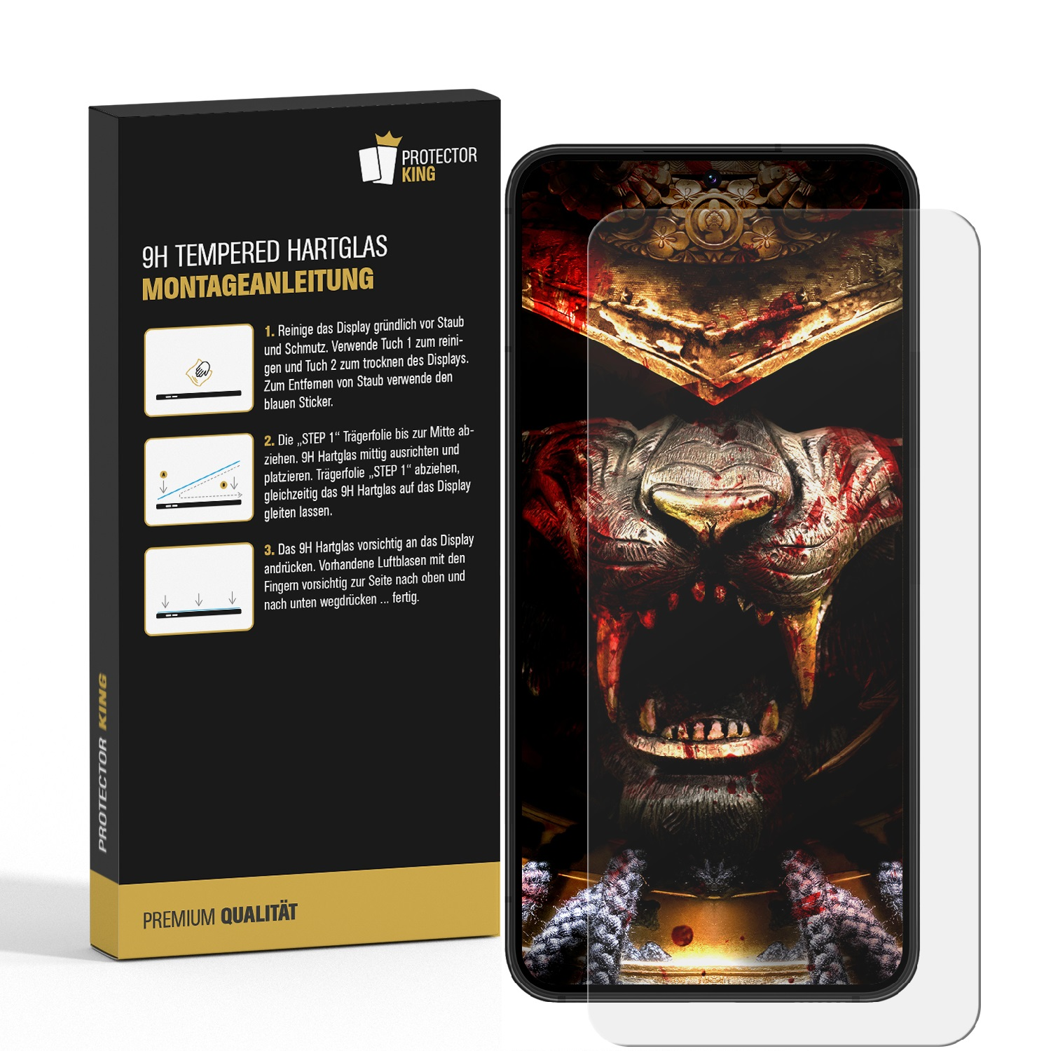 Eine Displayschutzfolie aus gehärtetem Glas mit Anweisungen auf der Box und auf einem Telefon mit Grafik.