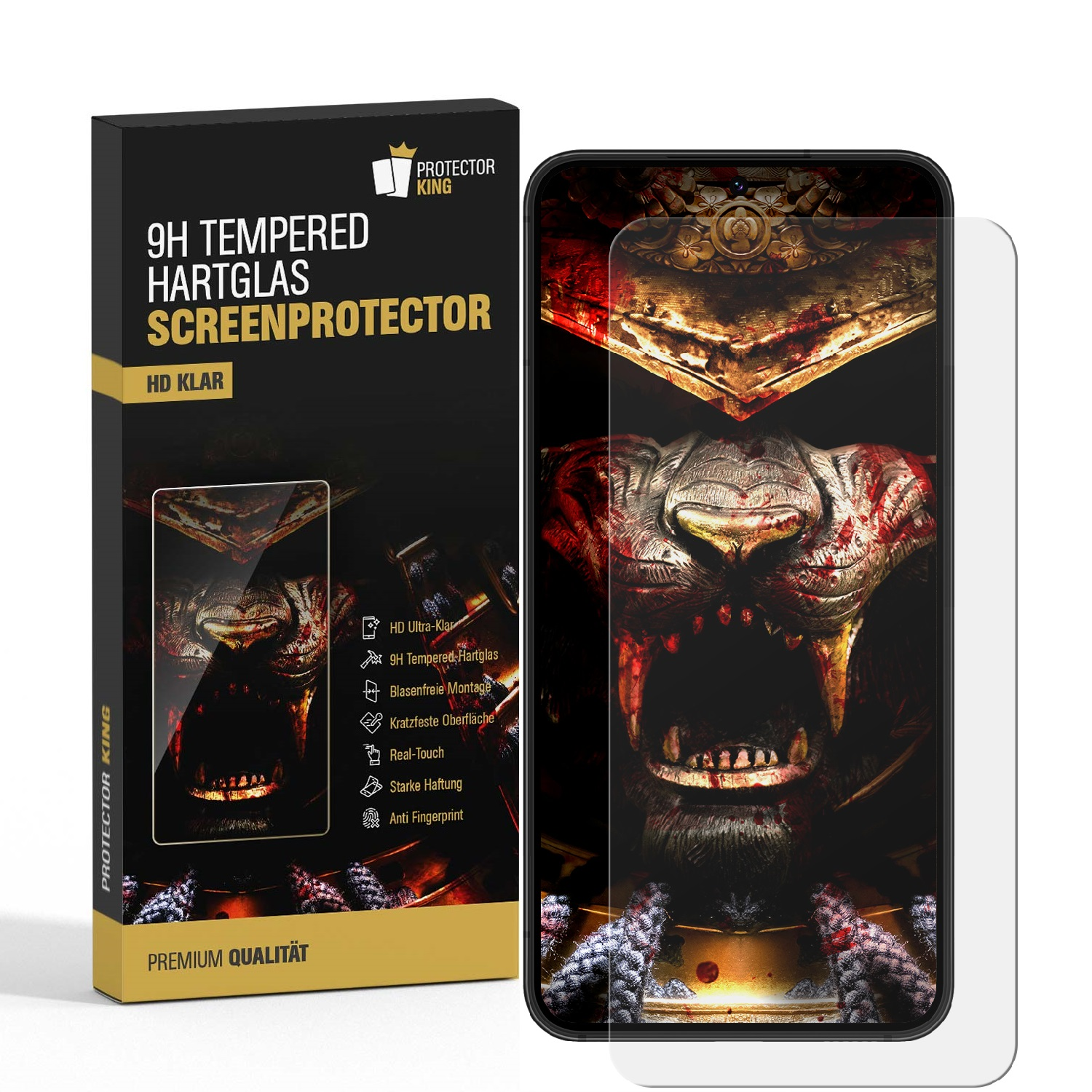 Displayschutzbox und Telefon mit Schutz. Das Telefon zeigt ein Monstergesicht. Die Box hat Text und ein Telefonbild.