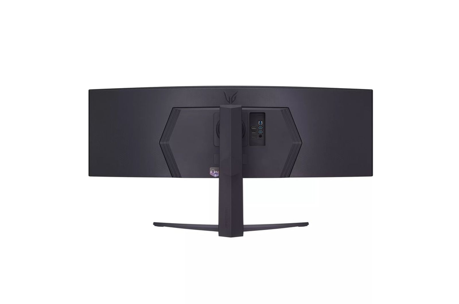 Tył zakrzywionego czarnego monitora komputerowego z portami i podstawą.