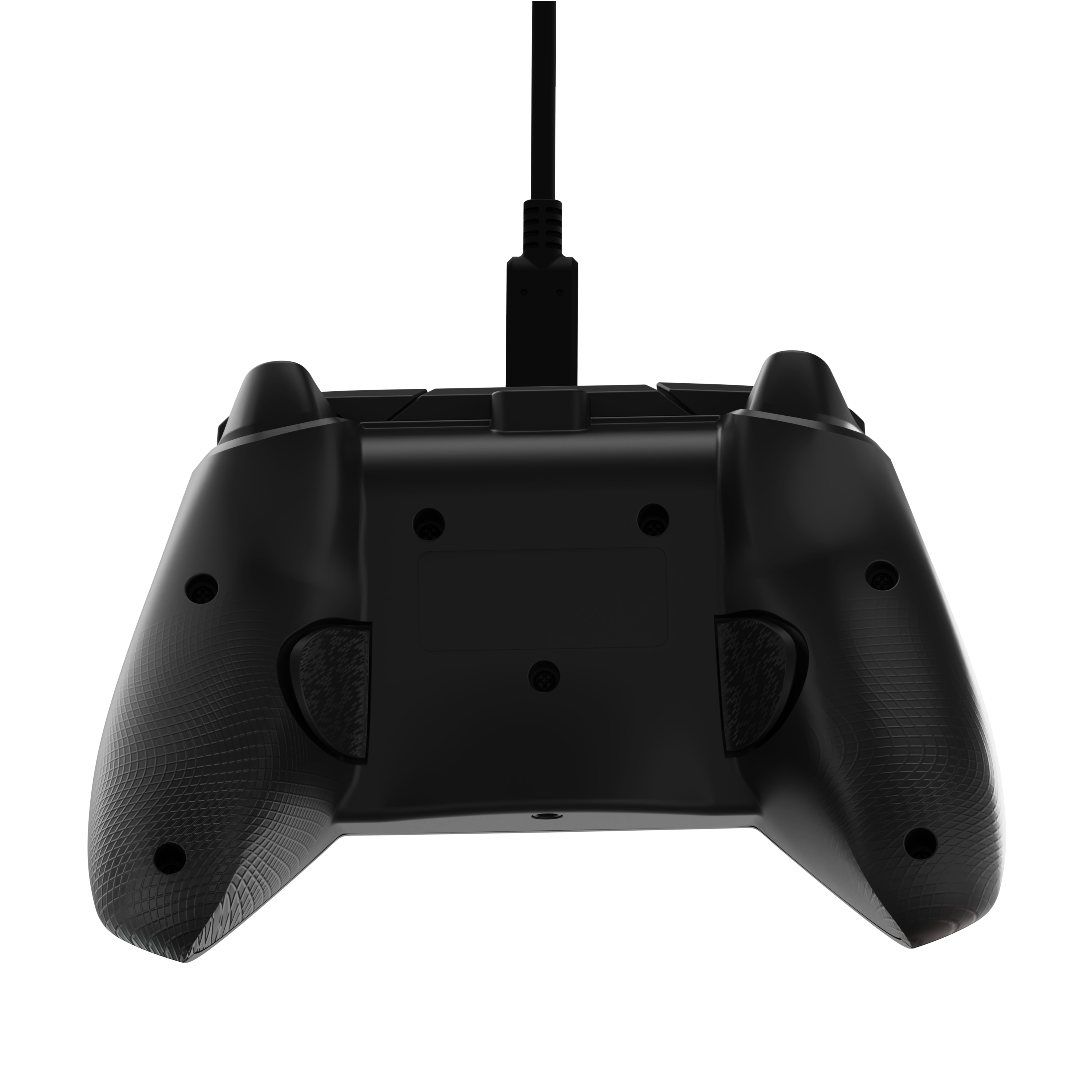 Black game controller, from the bottom view, with a cable attached.