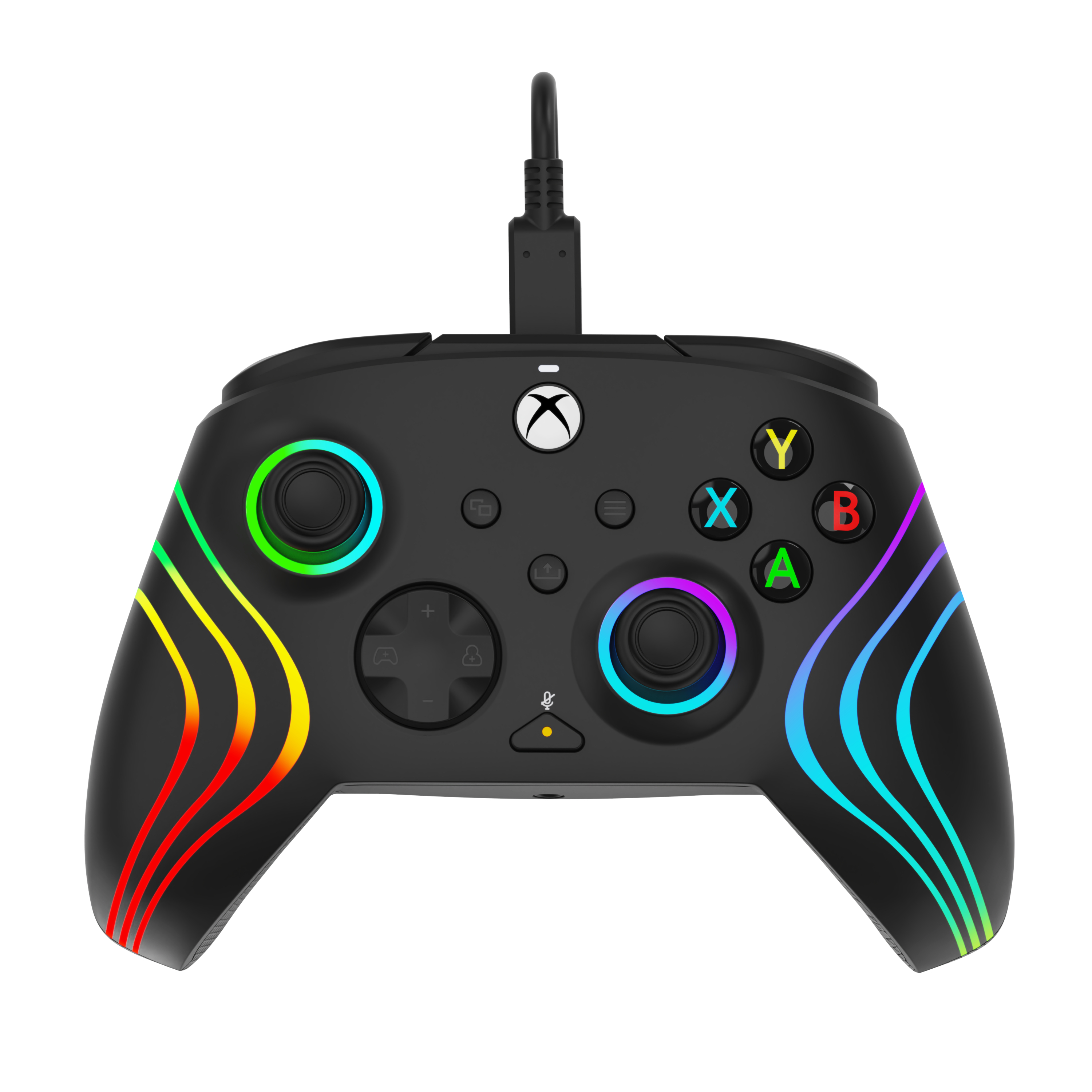 A black Xbox controller with rainbow lights around the buttons.