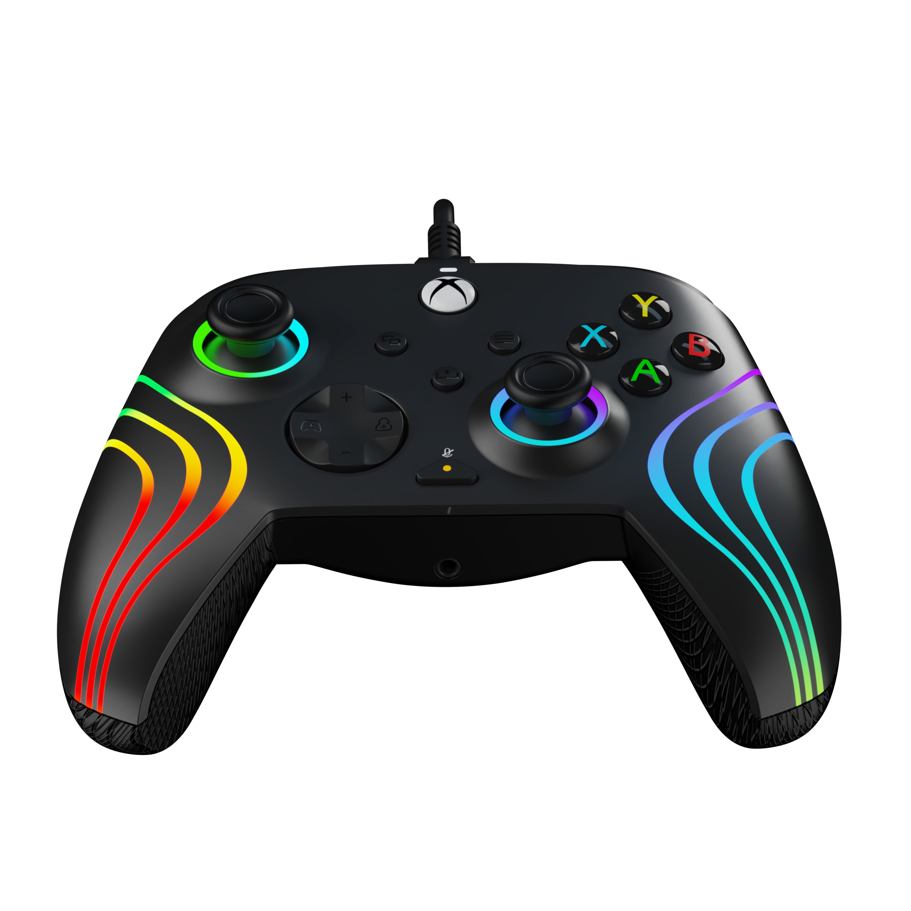 A black controller with colorful lights around the joysticks and buttons. It has a black cord attached.