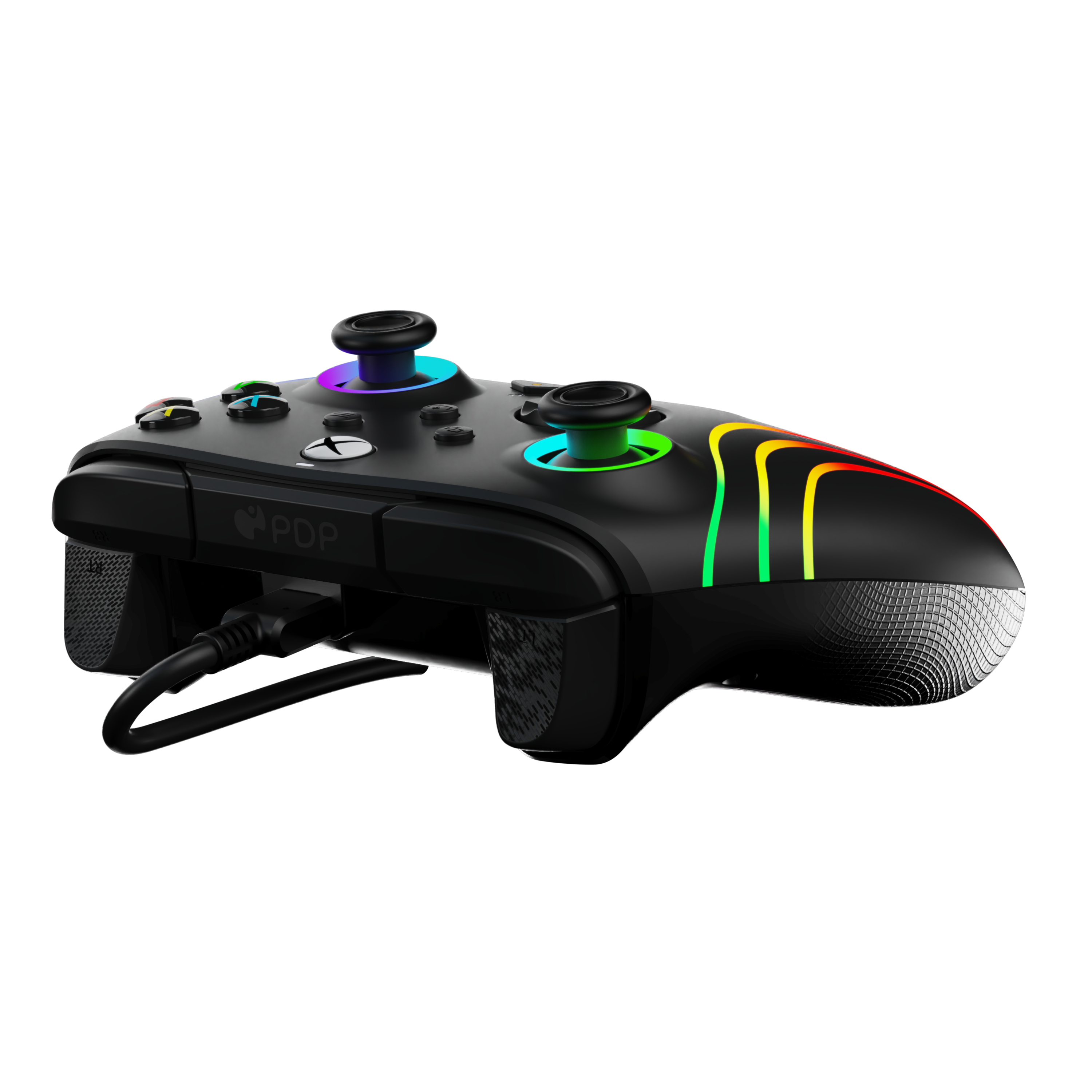 A black PDP Xbox controller with colorful lights. It has a USB cable connected. The background is white.