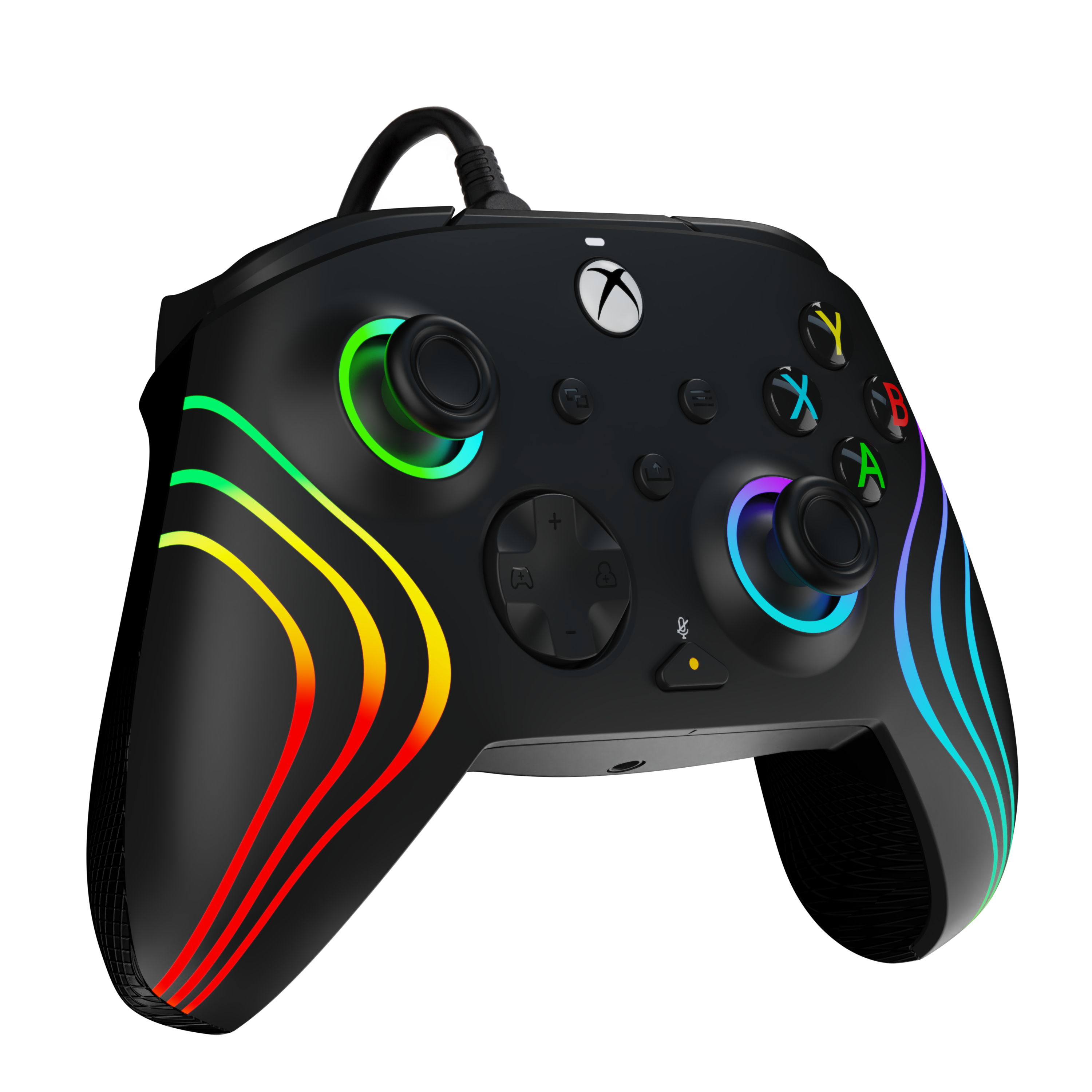 Black Xbox controller with rainbow-colored accents. The controller has various buttons and a cable.