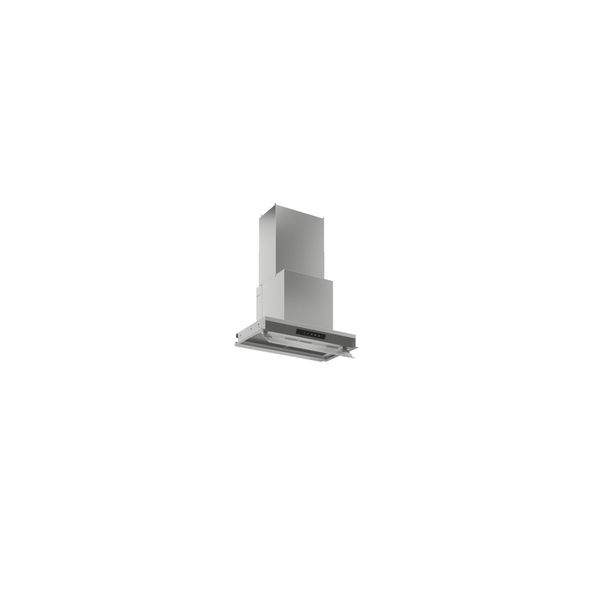 Cappa in acciaio inox. Forma rettangolare, design a camino, su sfondo bianco.