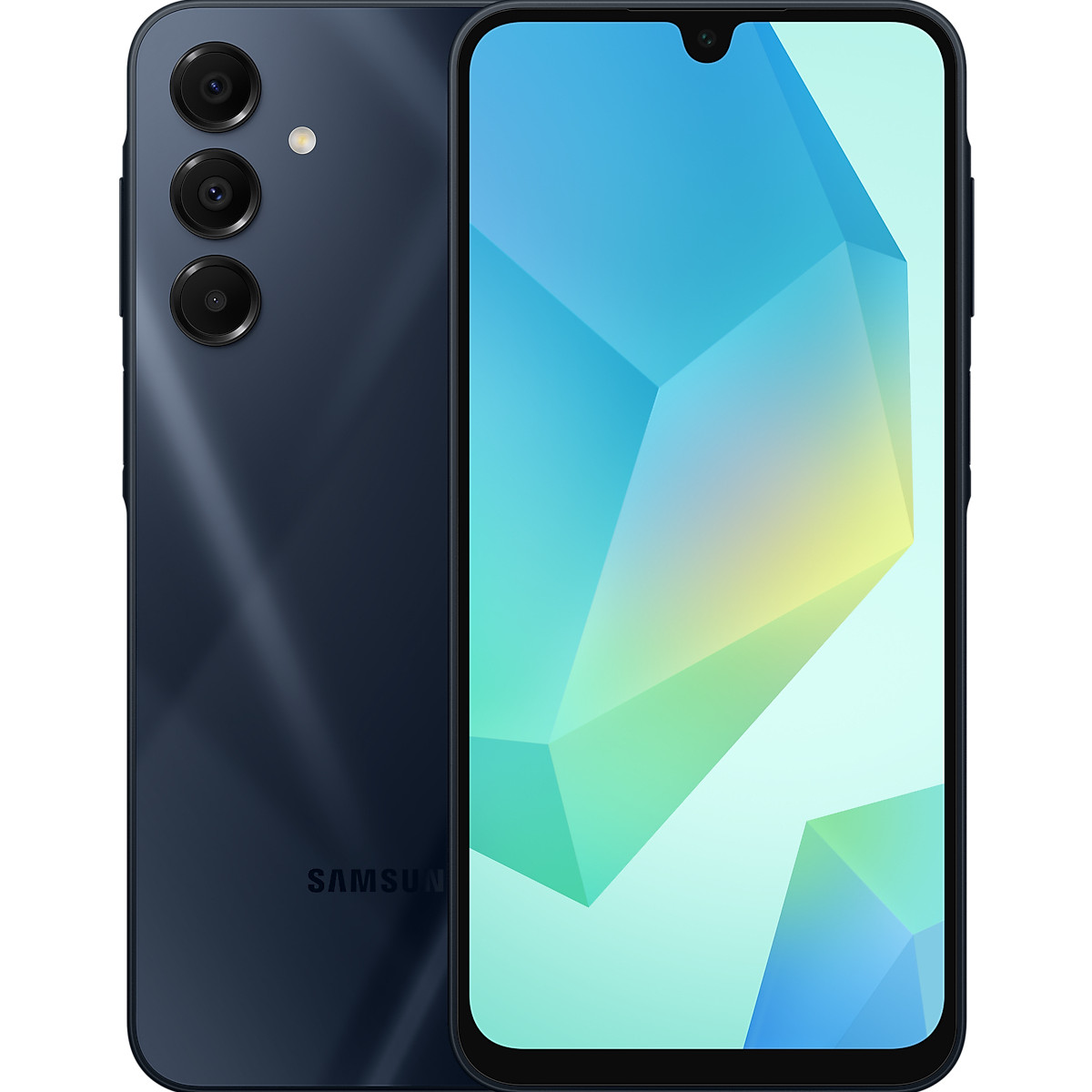 Ciemnoniebieski smartfon pokazujący tył i przód z niebieskim, żółtym i białym wzorem.