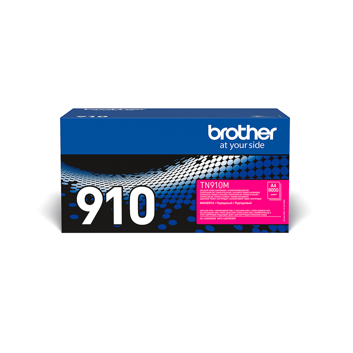 Niebieskie pudełko z wkładem atramentowym z wkładem w kolorze magenta. Tekst na pudełku: Brother at your side, 910.