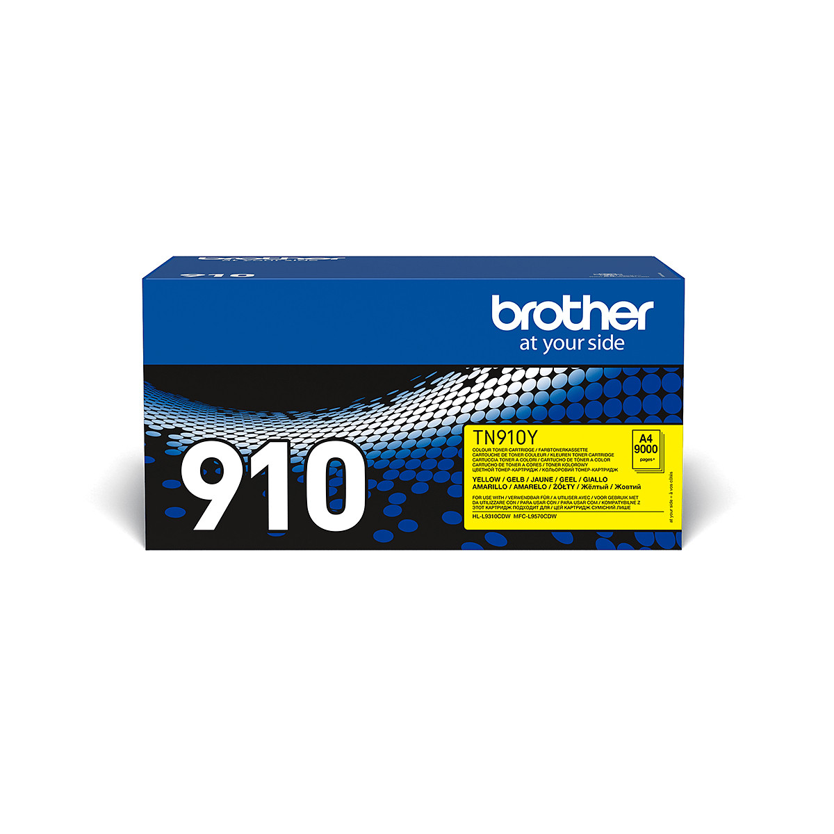 A box of Brother 910Y toner, with the brand name and product information.