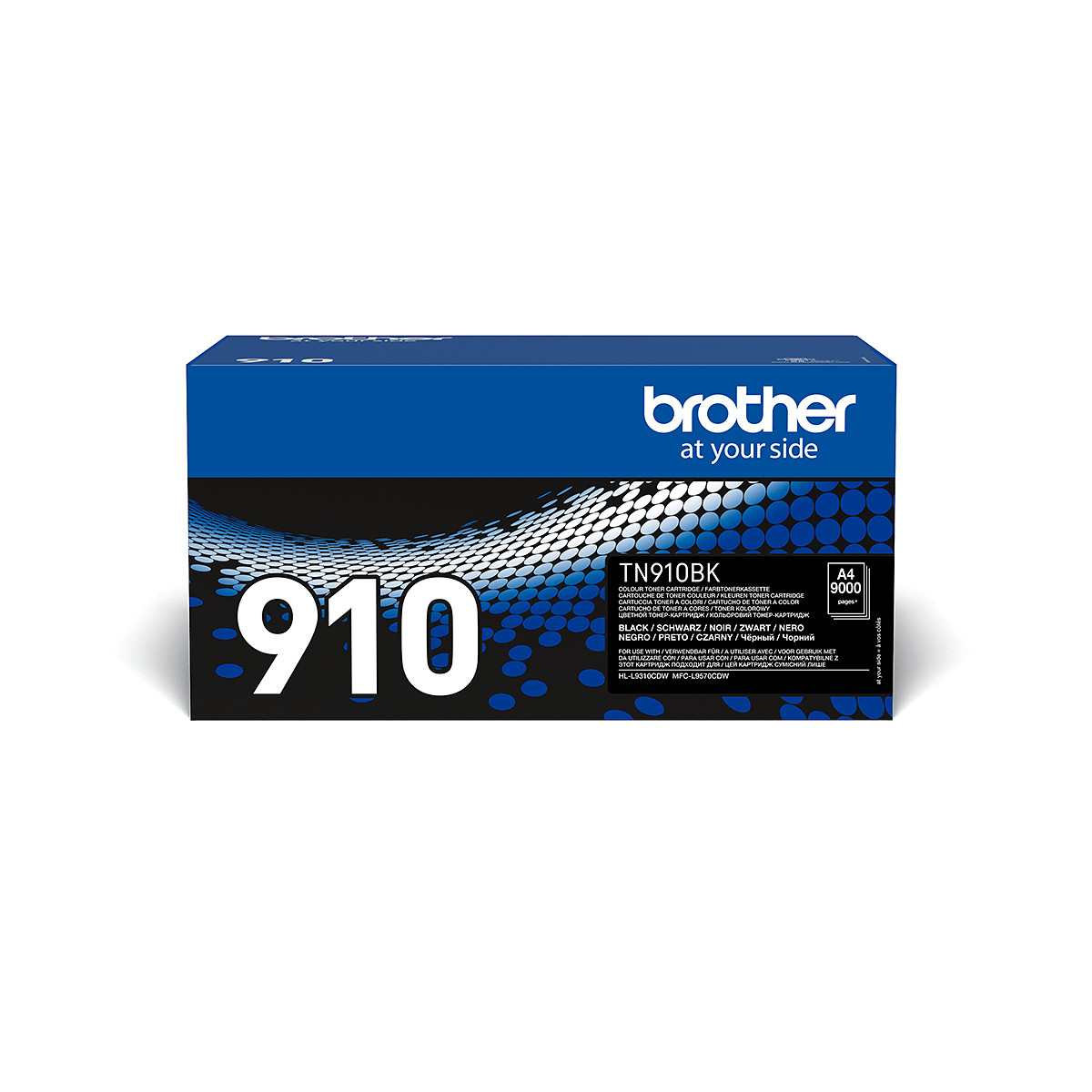 Une boîte bleue de cartouche d'encre noire Brother TN910BK.
