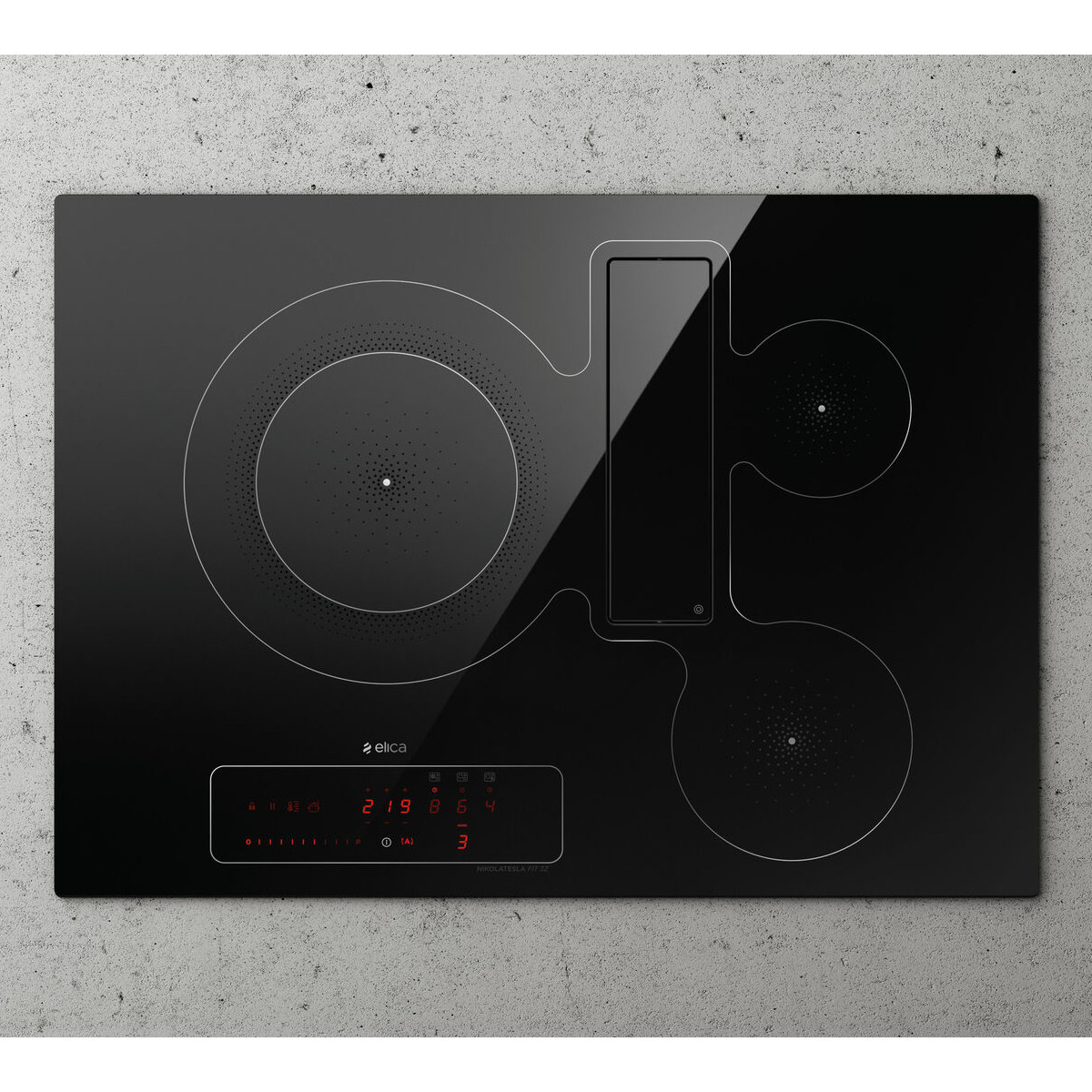 Czarna płyta indukcyjna z panelem sterowania. Posiada okrągłe i prostokątne strefy gotowania.