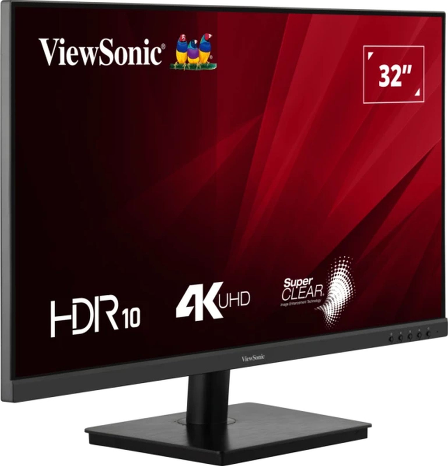 Monitor ViewSonic z czerwonym tłem i zdjęciem monitora.