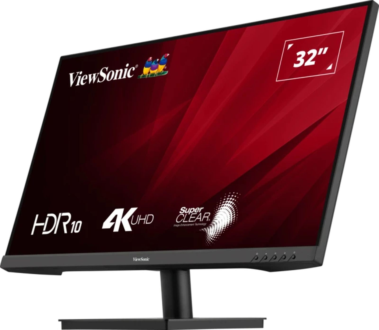 32-calowy monitor ViewSonic z czerwono-czarnym tłem, HDR10, 4K UHD i Super Clear.