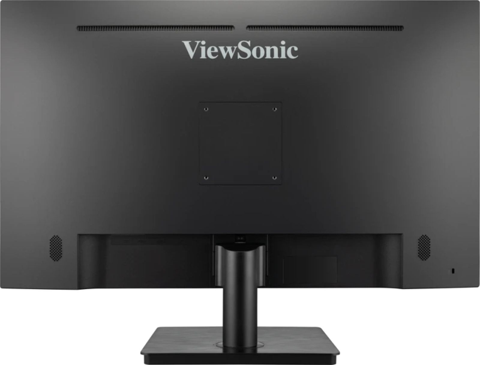 Tył czarnego monitora ViewSonic. Posiada podstawkę, porty i głośniki. Białe tło.