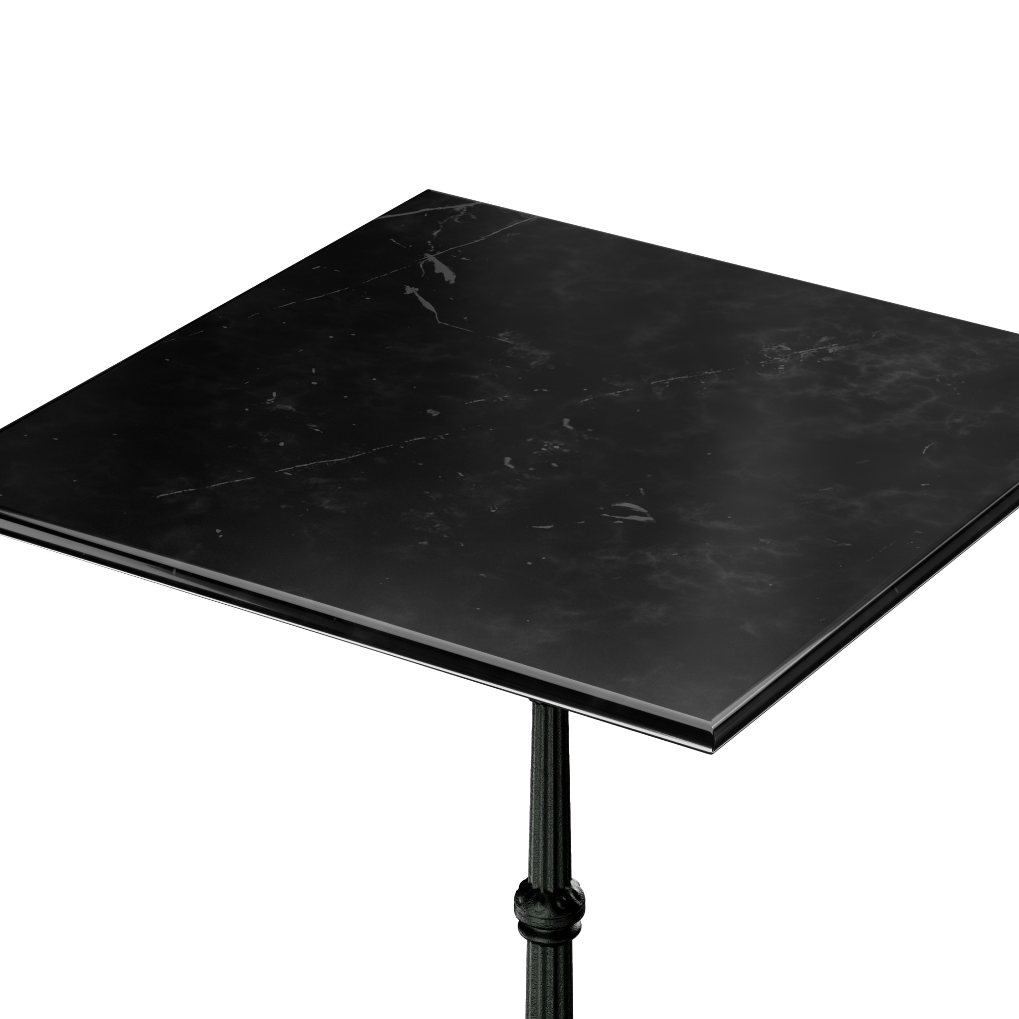 Eine schwarze Marmortischplatte mit schwarzem Untergestell. Isoliert auf weißem Hintergrund.