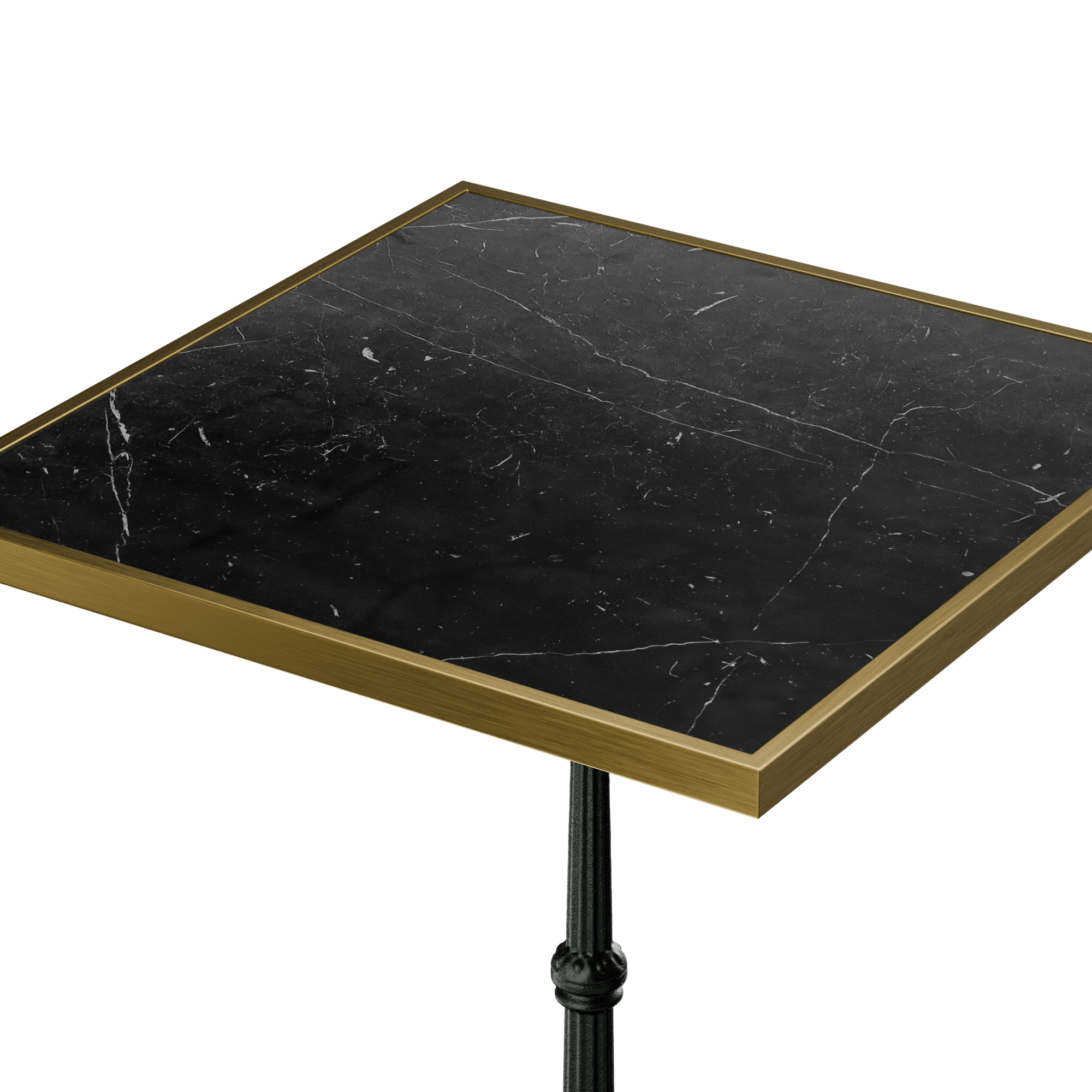 Ein schwarzer quadratischer Tisch mit Goldkanten und Metallbein auf weißem Hintergrund.