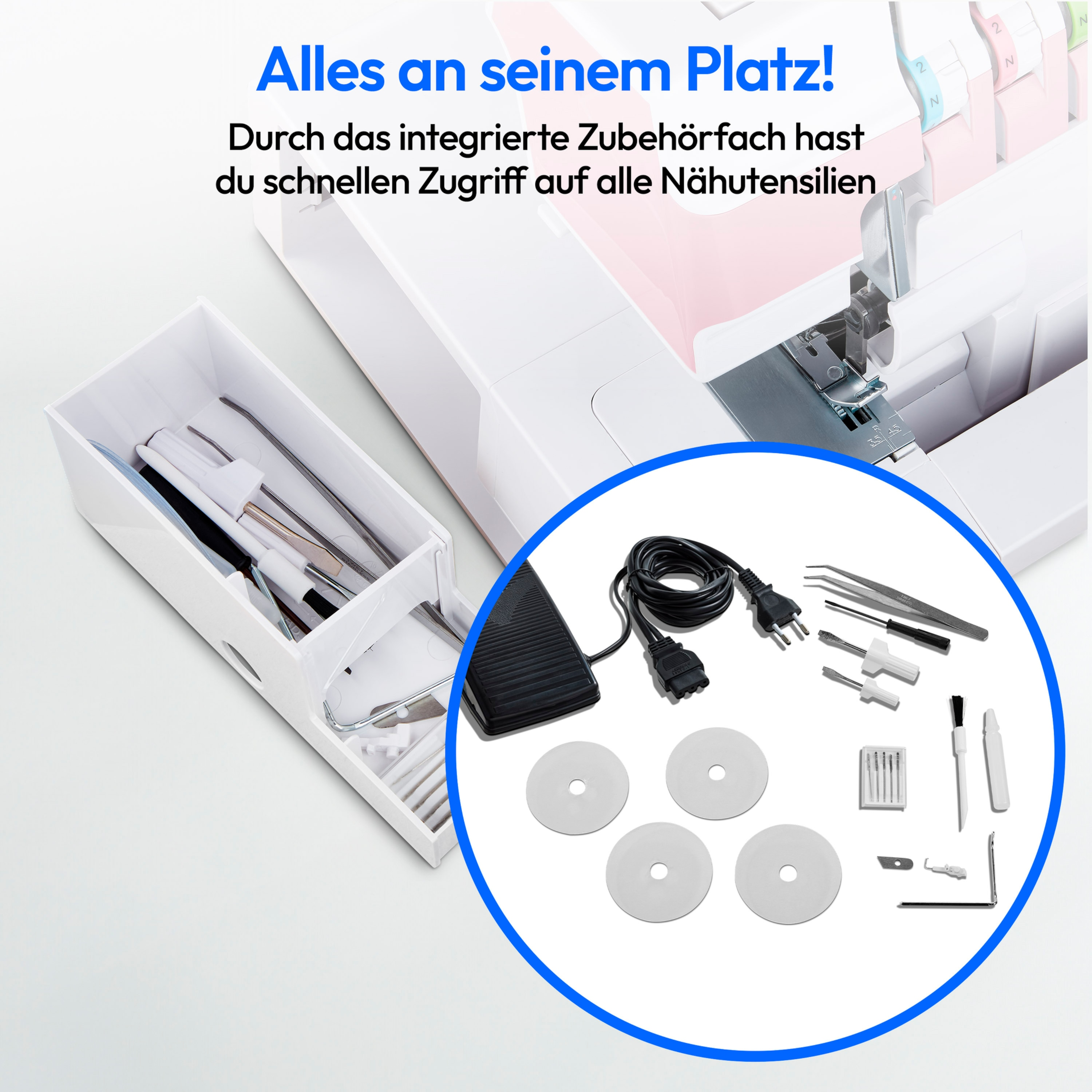 Maszyna do szycia z akcesoriami. Szufada zawiera narzędzia. Pedał nożny, kable i dodatkowe narzędzia na zdjęciu.