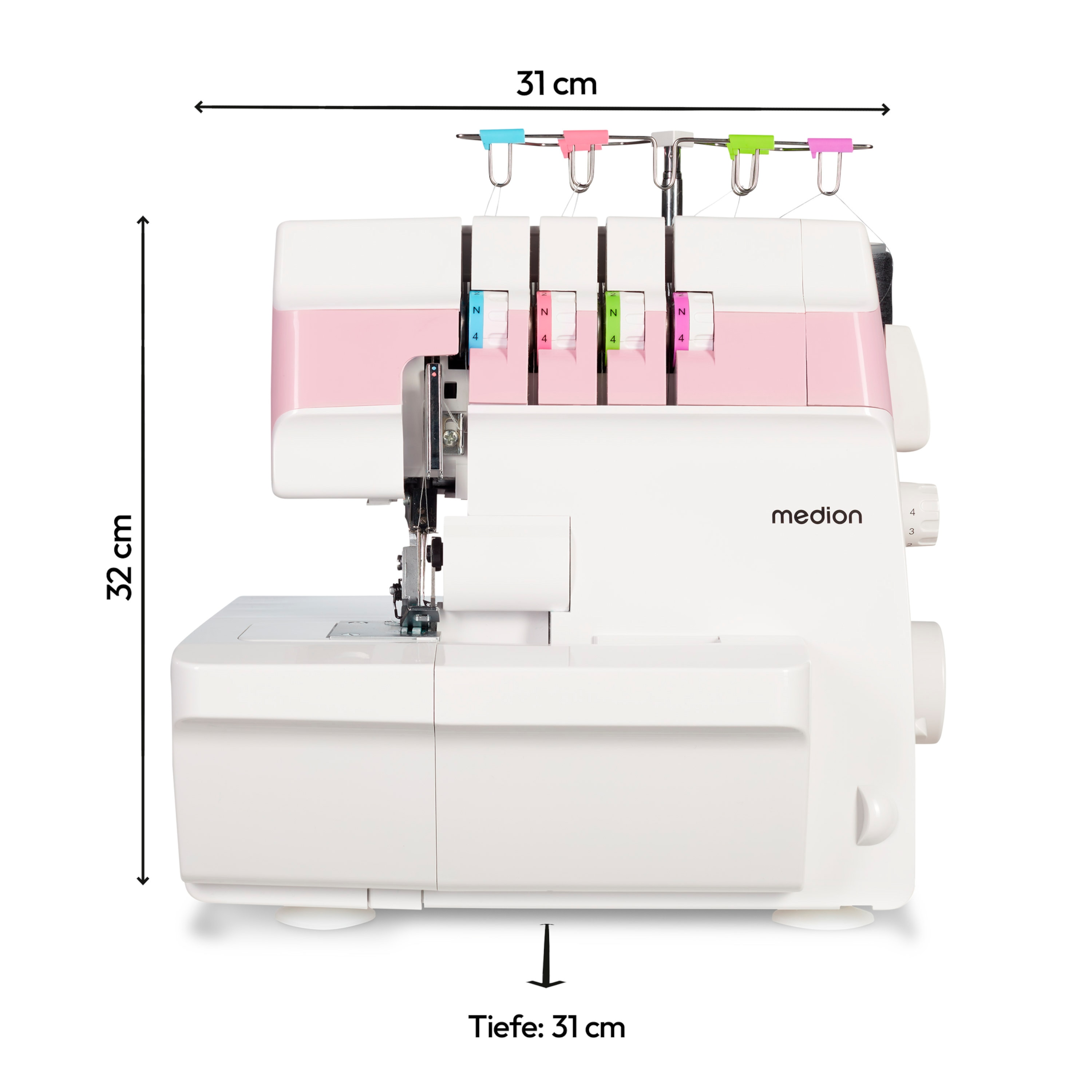 Biało-różowa maszyna do szycia z szpulkami nici. Pokazano wymiary i nazwę marki.