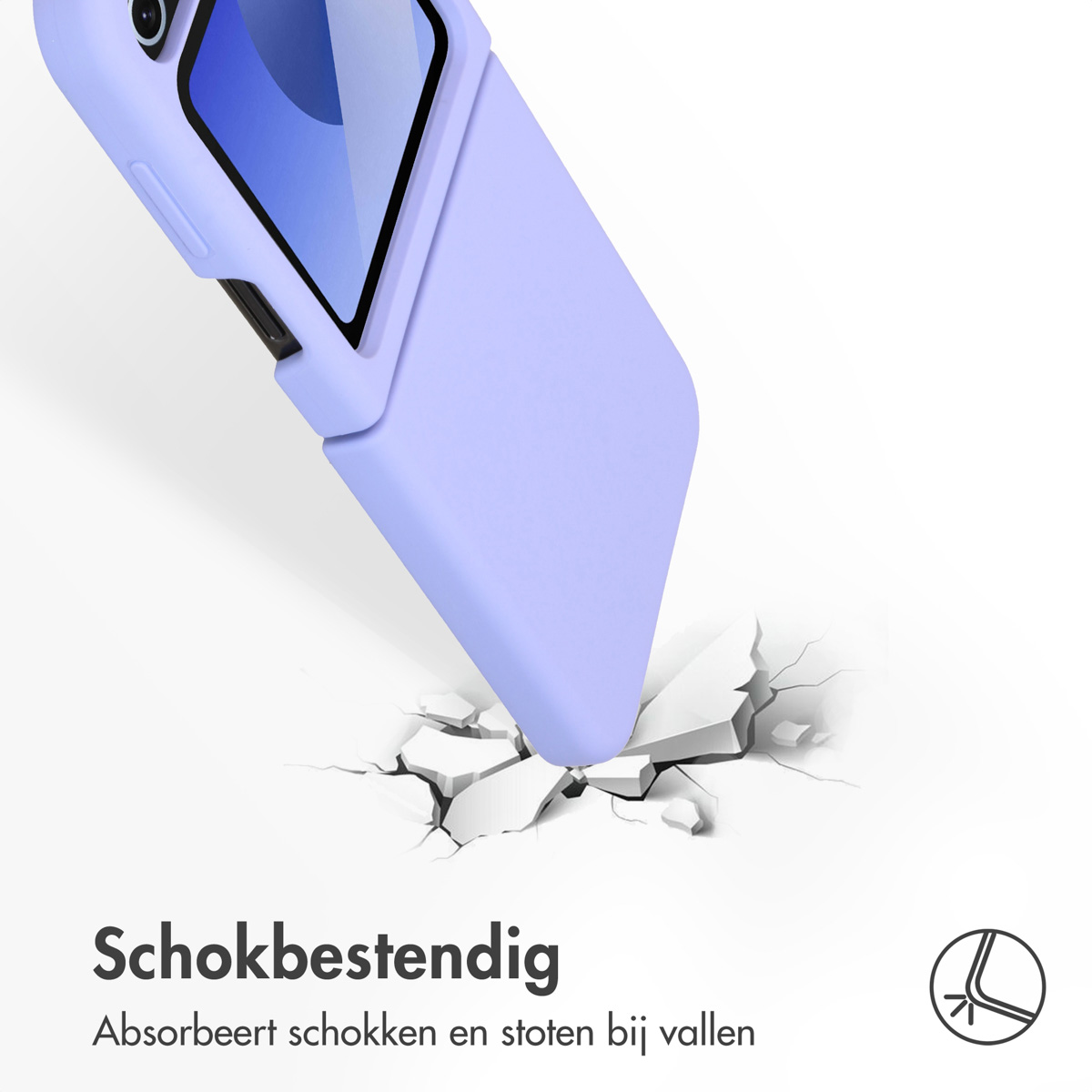 Un étui de téléphone lilas tombe et brise le sol. Texte : Antichoc, absorbe les chocs en cas de chute.