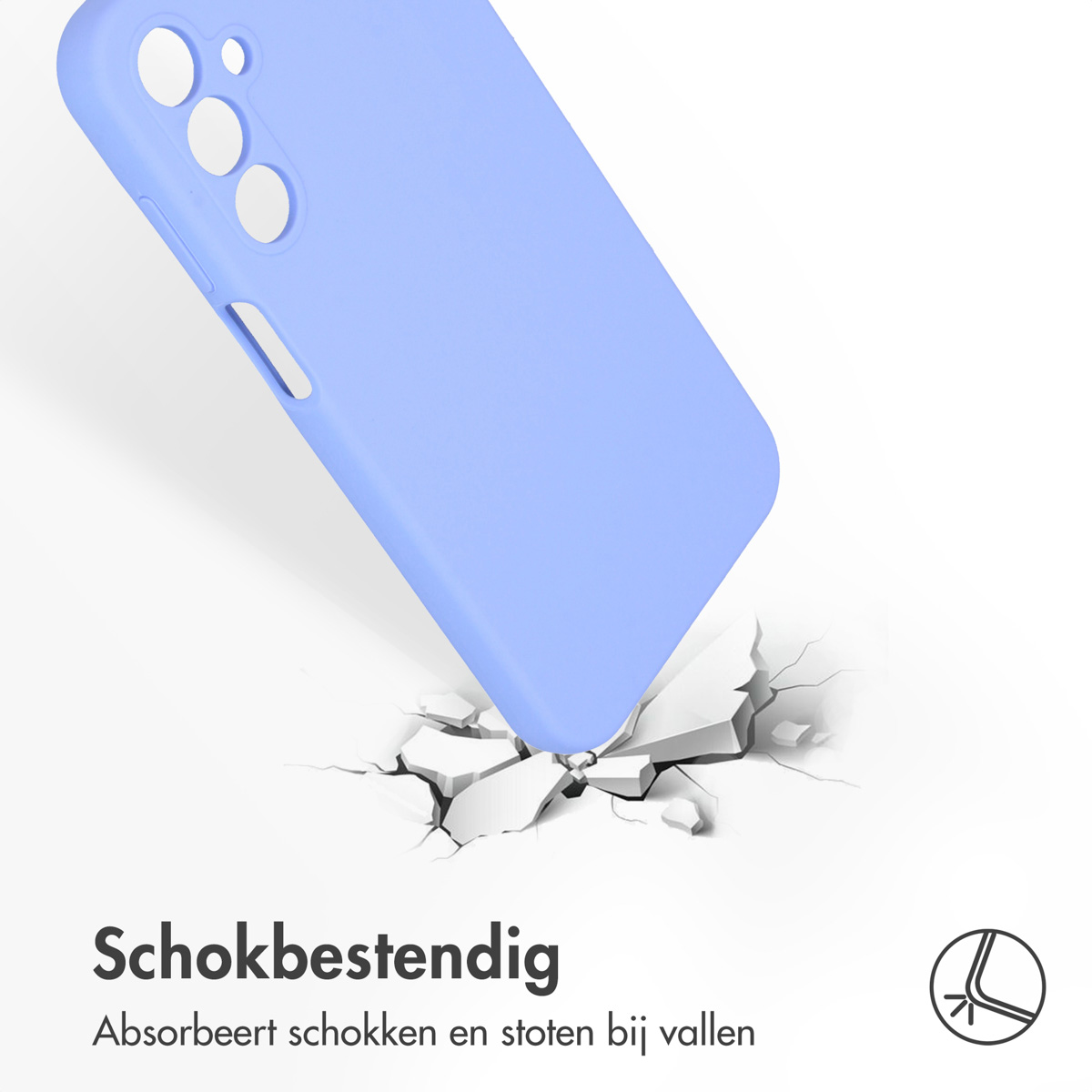 Blauw telefoonhoesje valt, grond barst. Tekst: schokbestendig en absorbeert schokken.