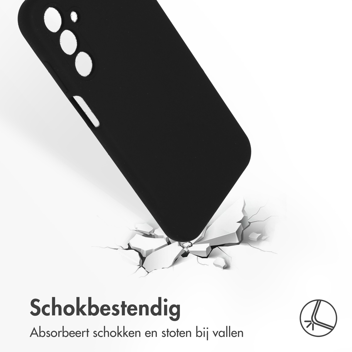 Zwarte telefoonhoes op een witte ondergrond. Het oppervlak is gebarsten. De hoes raakt het oppervlak.