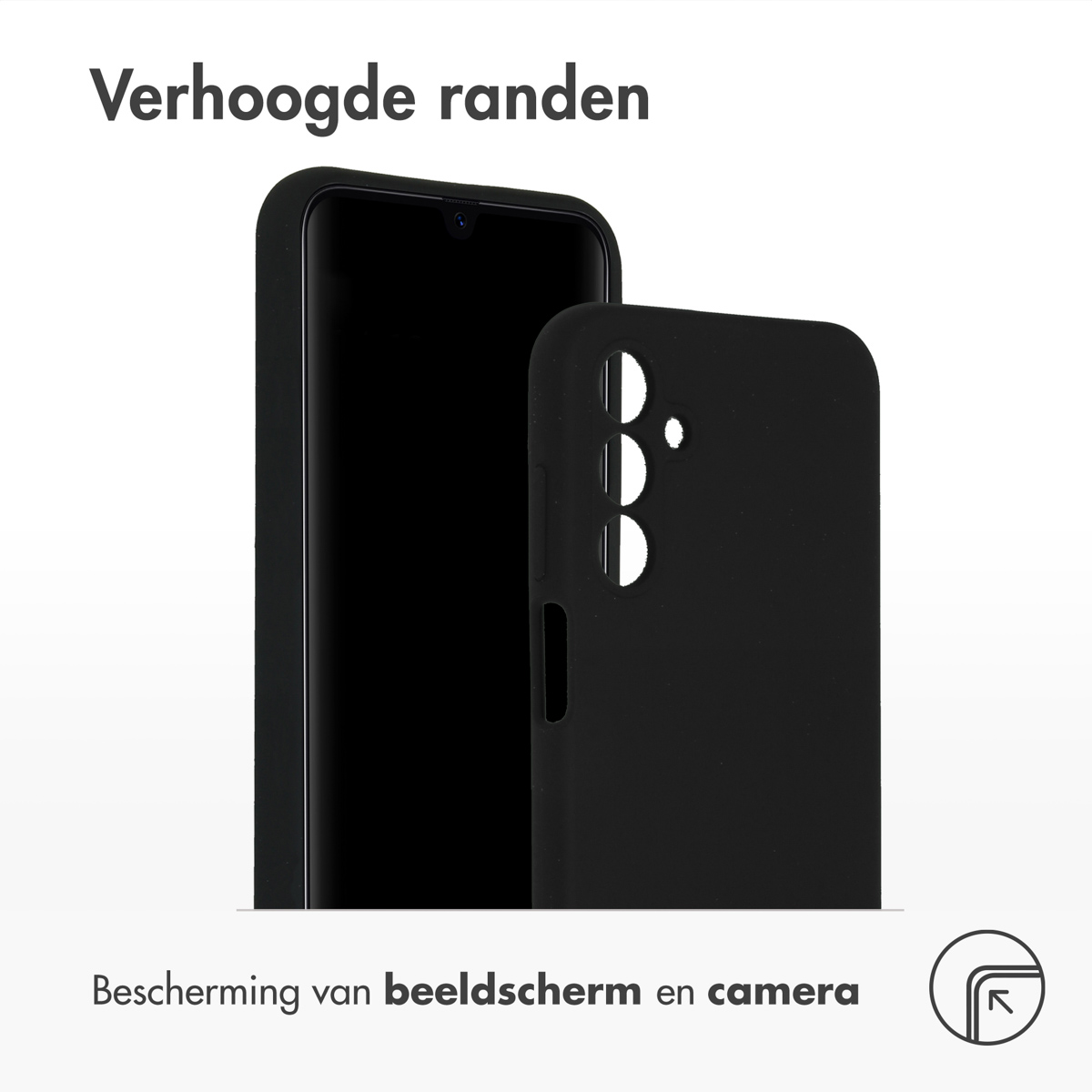 Zwarte telefoonhoes naast een telefoon. De achtergrond is wit.
