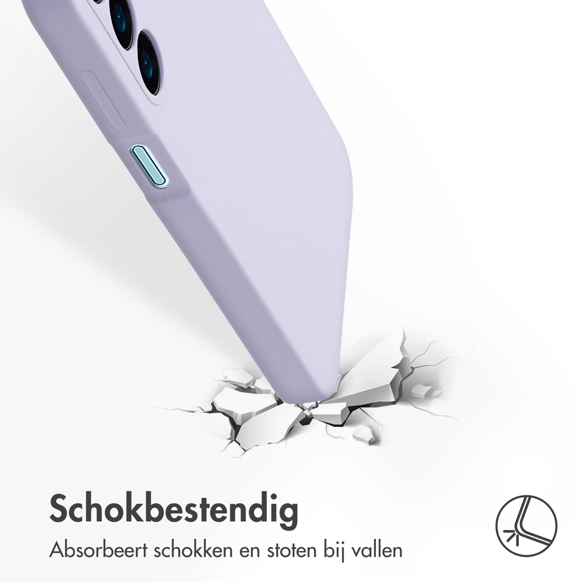 Lila Handyhülle durchbricht Oberfläche. Text: 'Stoßfest'. Absorbiert Stöße und Aufprall.