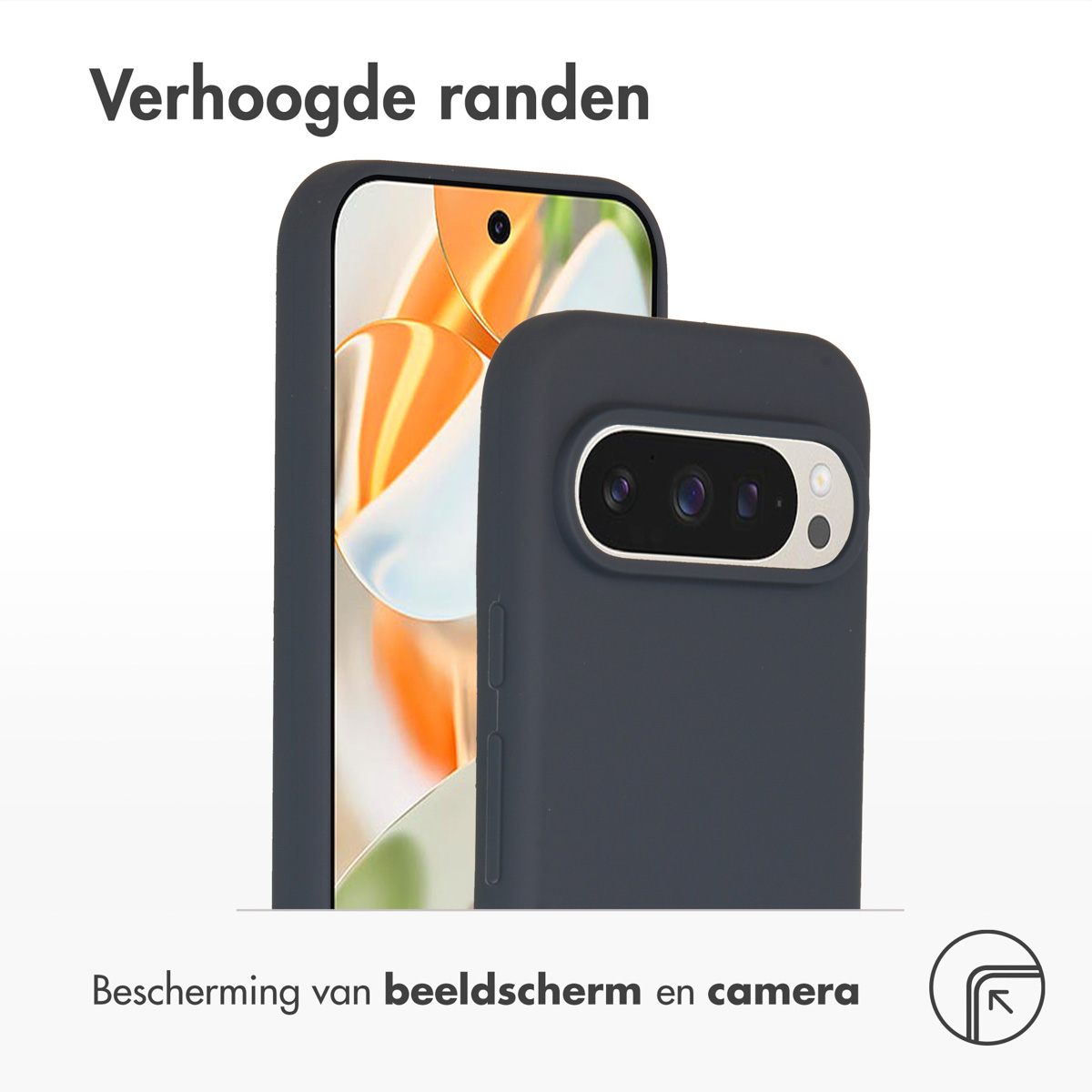 Deux téléphones dans des étuis avec un design protecteur, avec du texte sur la protection de l'écran et de la caméra.