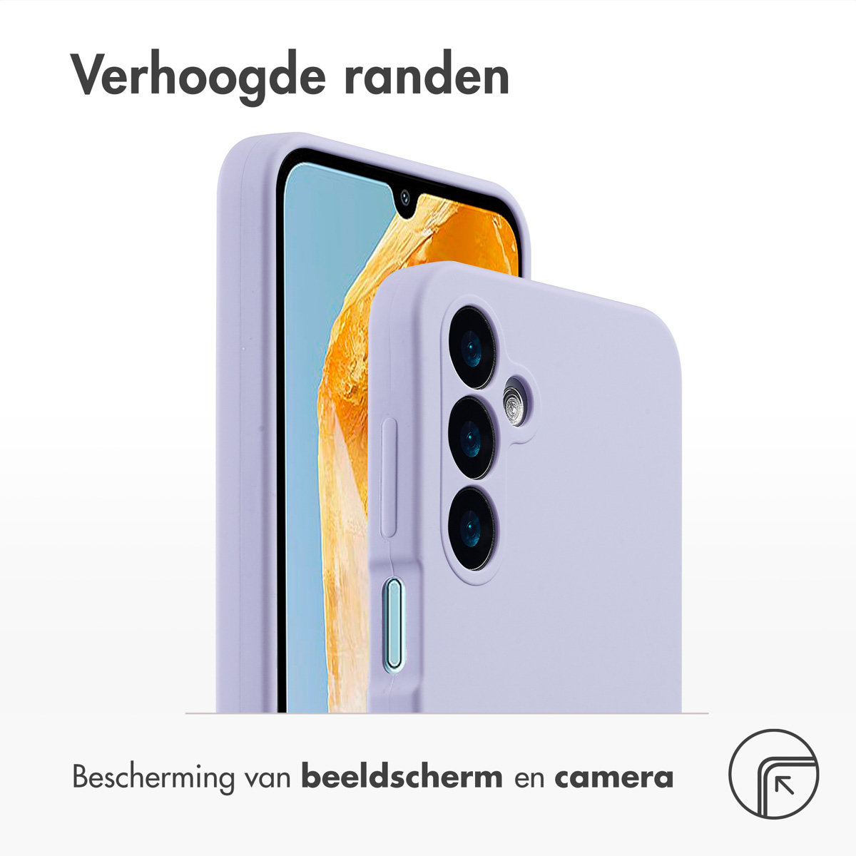 Ein Telefon in einer lila Hülle mit erhöhten Rändern, die den Bildschirm und die Kamera schützen.