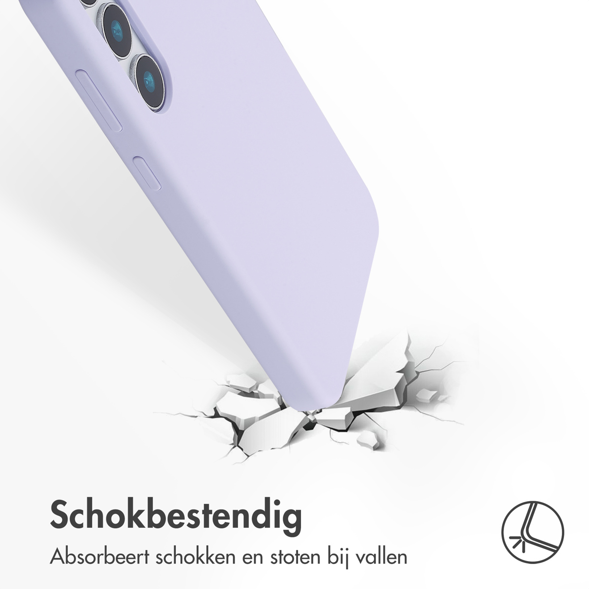 Paars telefoonhoesje valt, grond barst. Tekst: schokbestendig en absorbeert schokken.
