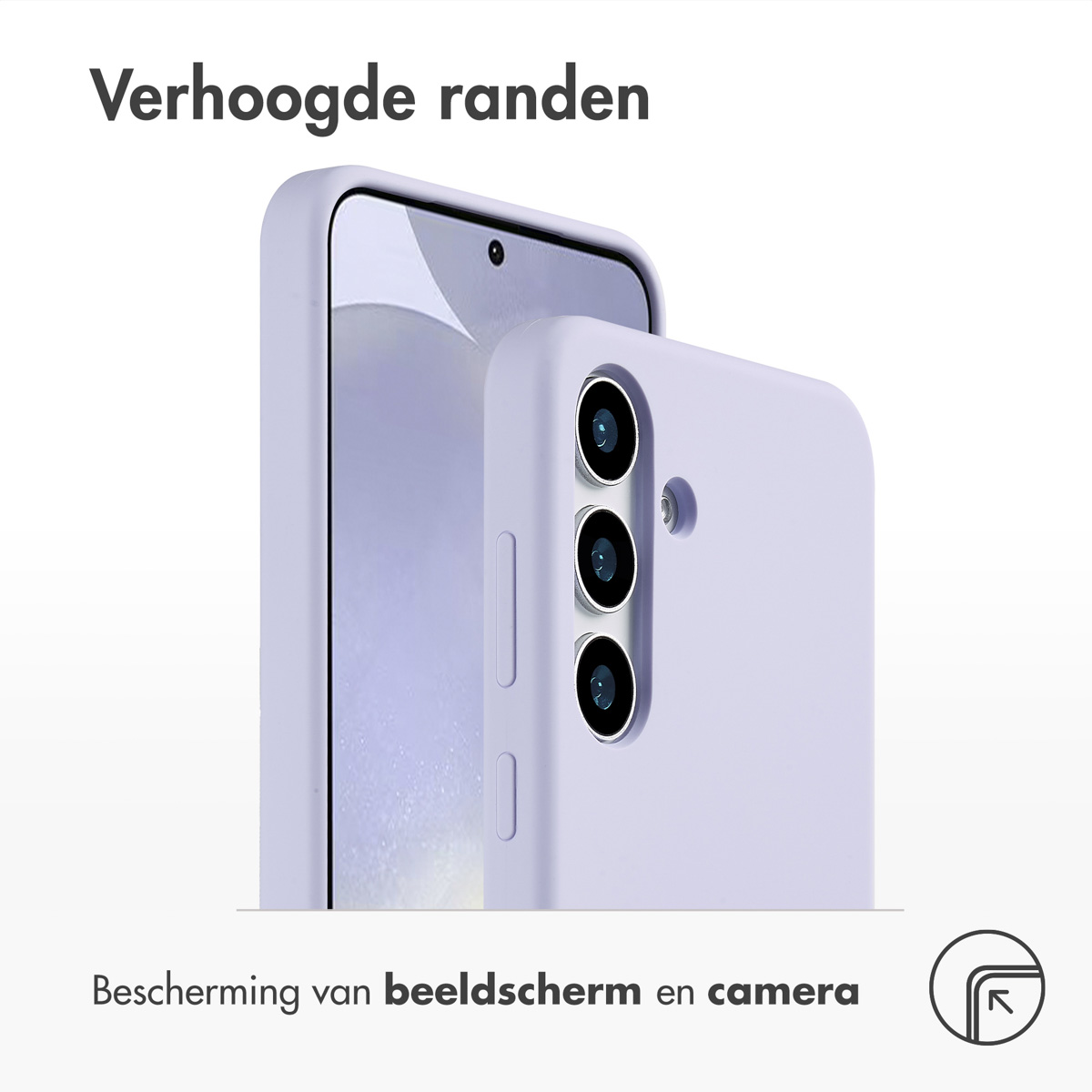 Een telefoon in een paarse hoes met verhoogde randen, die het scherm en de camera beschermen.