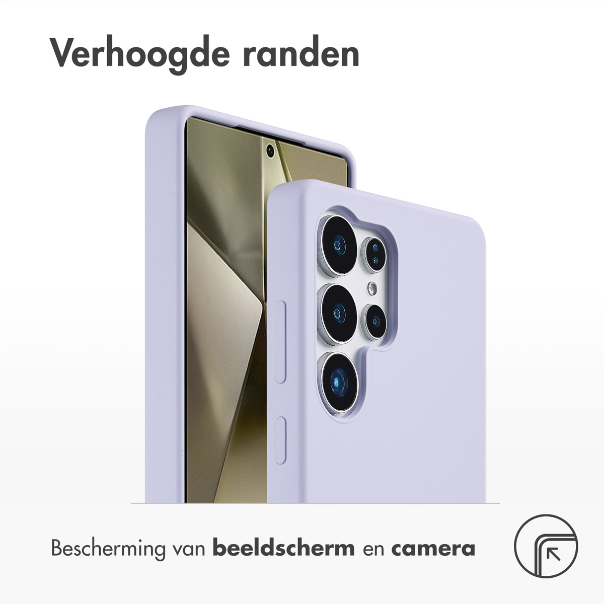 Telefoonhoesje met verhoogde randen. Tekst: Scherm- en camerabescherming.