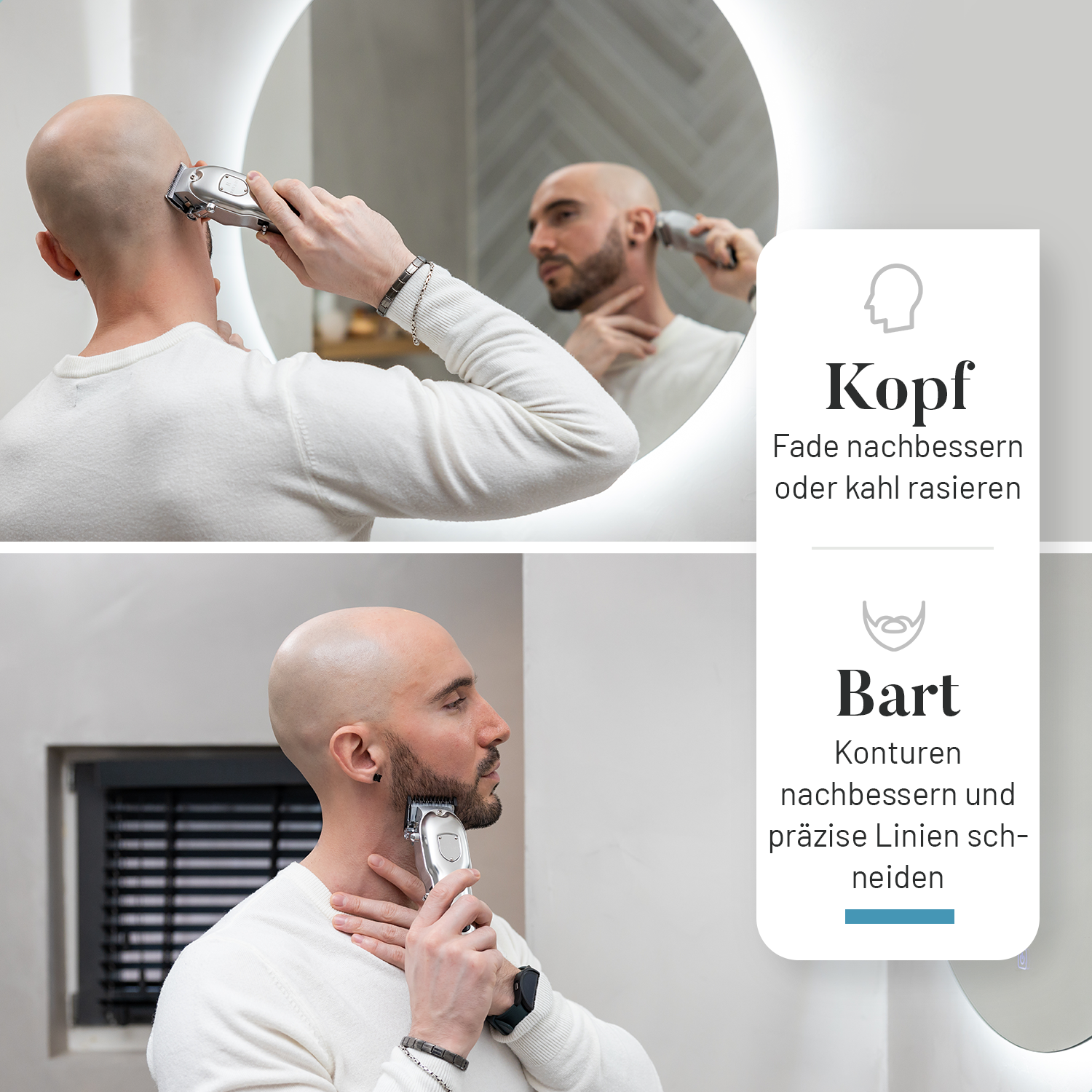 Mann rasiert sich im Badezimmerspiegel Kopf und Bart.