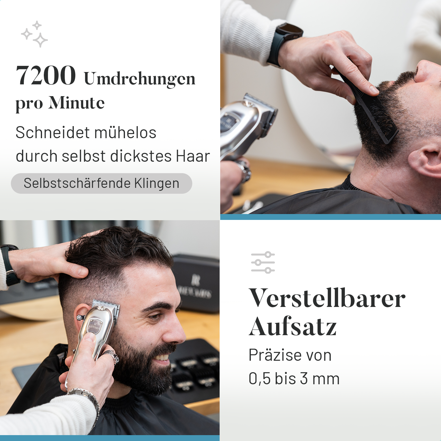 Bildcollage eines Barbiers beim Haareschneiden mit Clipper und Kamm. Text erwähnt 7200 U/min.