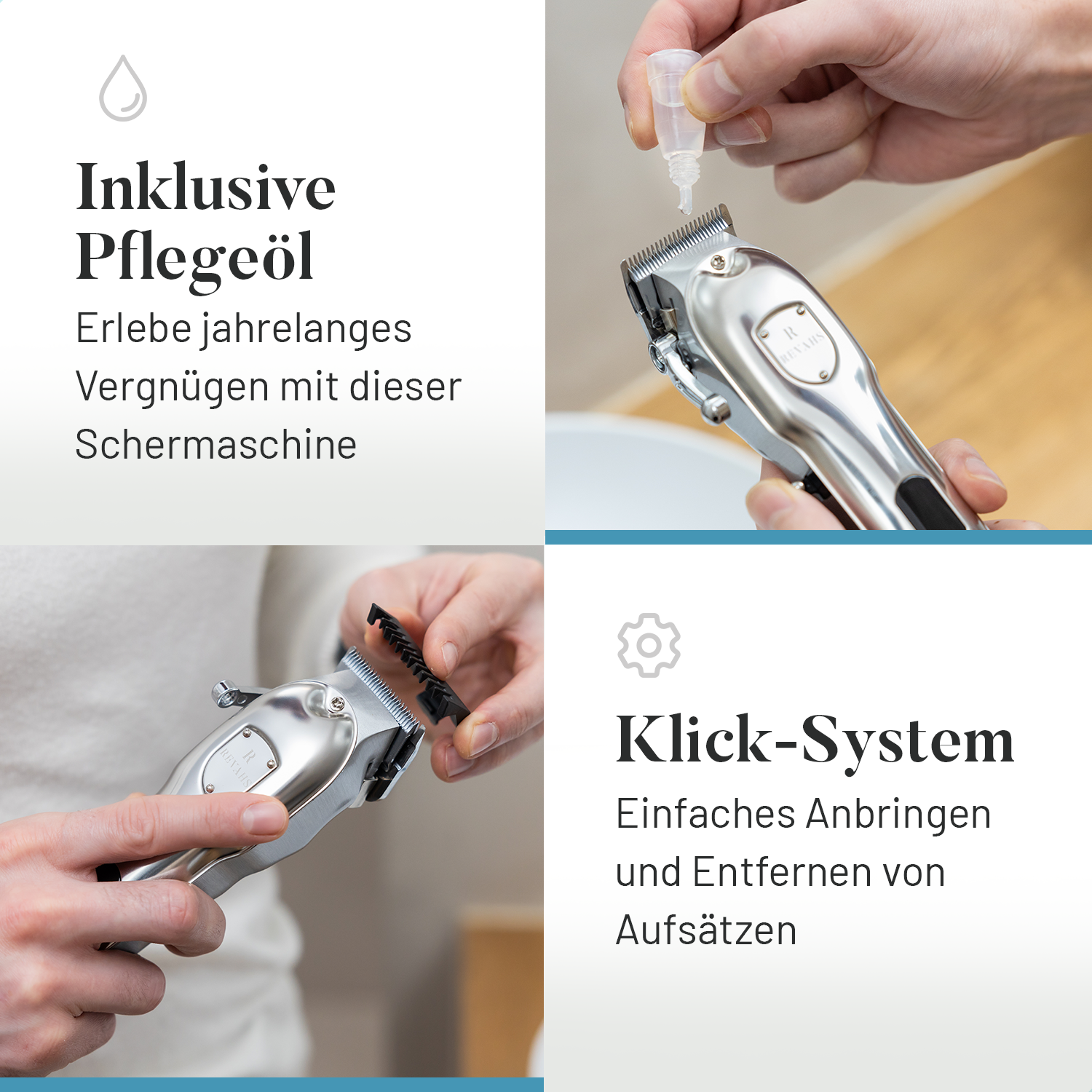 Nahaufnahme eines Haarschneiders mit aufgetragenem Öl und Details zu Aufsatz und Öl.