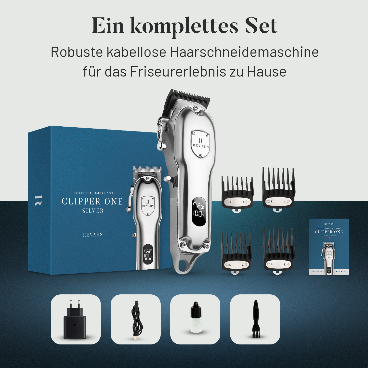 Haarschneidemaschinen-Set mit Zubehör, einschließlich Maschine, Kämmen, Ladegerät und Bürste.
